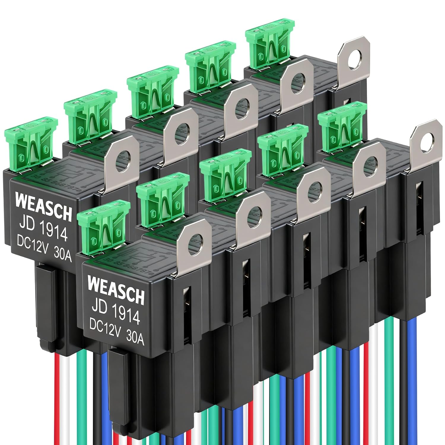 10 Pack Fuse Relay Switch Kit, 12V 30A, 5 Pin SPDT, 30A Switch Harness Set, Automotive Electrical Relays with 14 AWG Hot Wires (10)