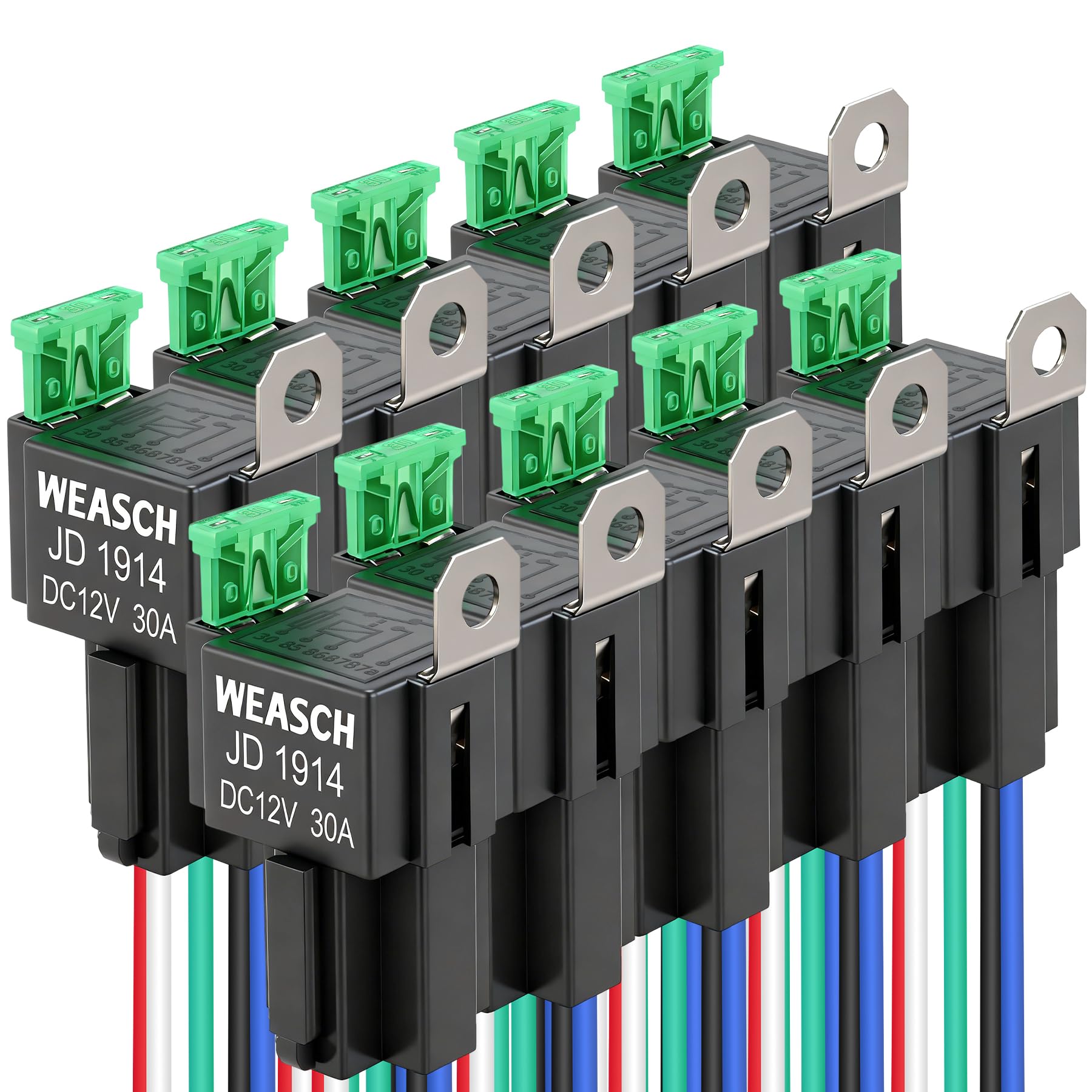 Weasch 10 Stück 12V Sicherungsrelais-Schaltersatz, 30A ATO/ATC Flachsicherung, 5-polige SPDT, mit 14 AWG Hochleistungskabel für Auto KFZ
