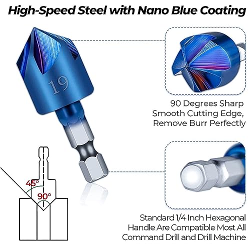 Miniatura 5 de KEWAYO Juego de brocas avellanadas de 6 piezas, brocas HSS de vástago hexagonal de 14 pulgadas con revestimiento nano azul (0.236-0.748 in),