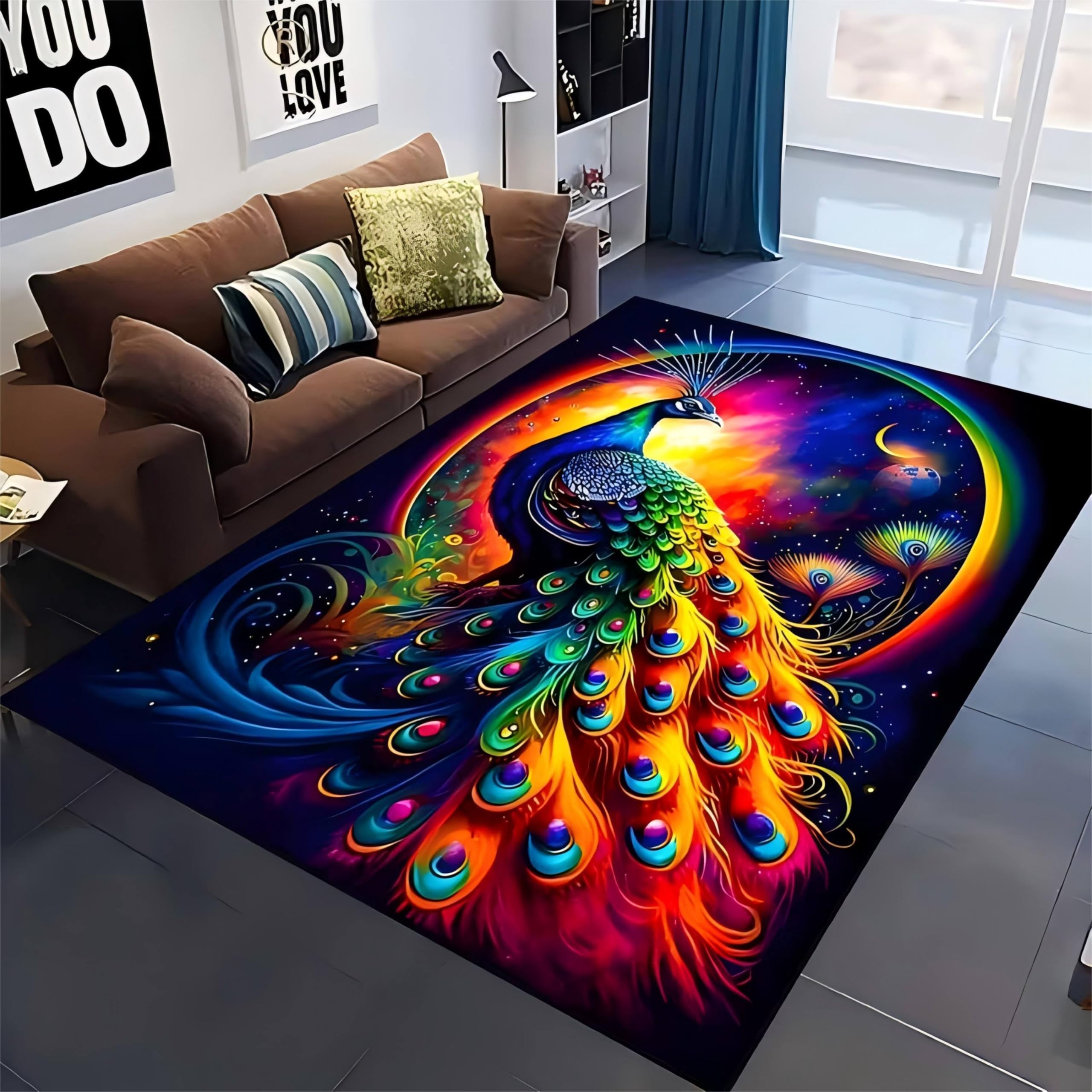 USHIRUG Peacock Area Rug, 60x90cm Animal-Themed Rug for Bedrooms and Living Rooms, 3D Starry Sky Colorful Peacock Feather Design, Washable, Non-Slip, Blue Natural Landscape Art Decorative Carpet