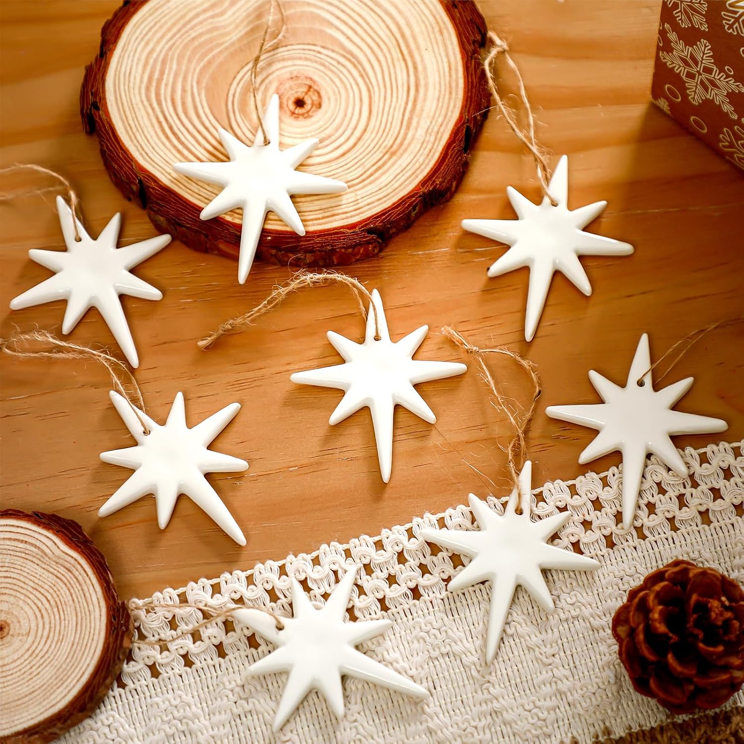 Suncalla 12 Pcs Christmas Bethlehem Star Ornament 1.97 x 3.15" White Star of Bethlehem Decoration Porcelain Ceramics Hanging Nativity Decor Accessories Sublimation Blanks Xmas Tree Topper Ornament