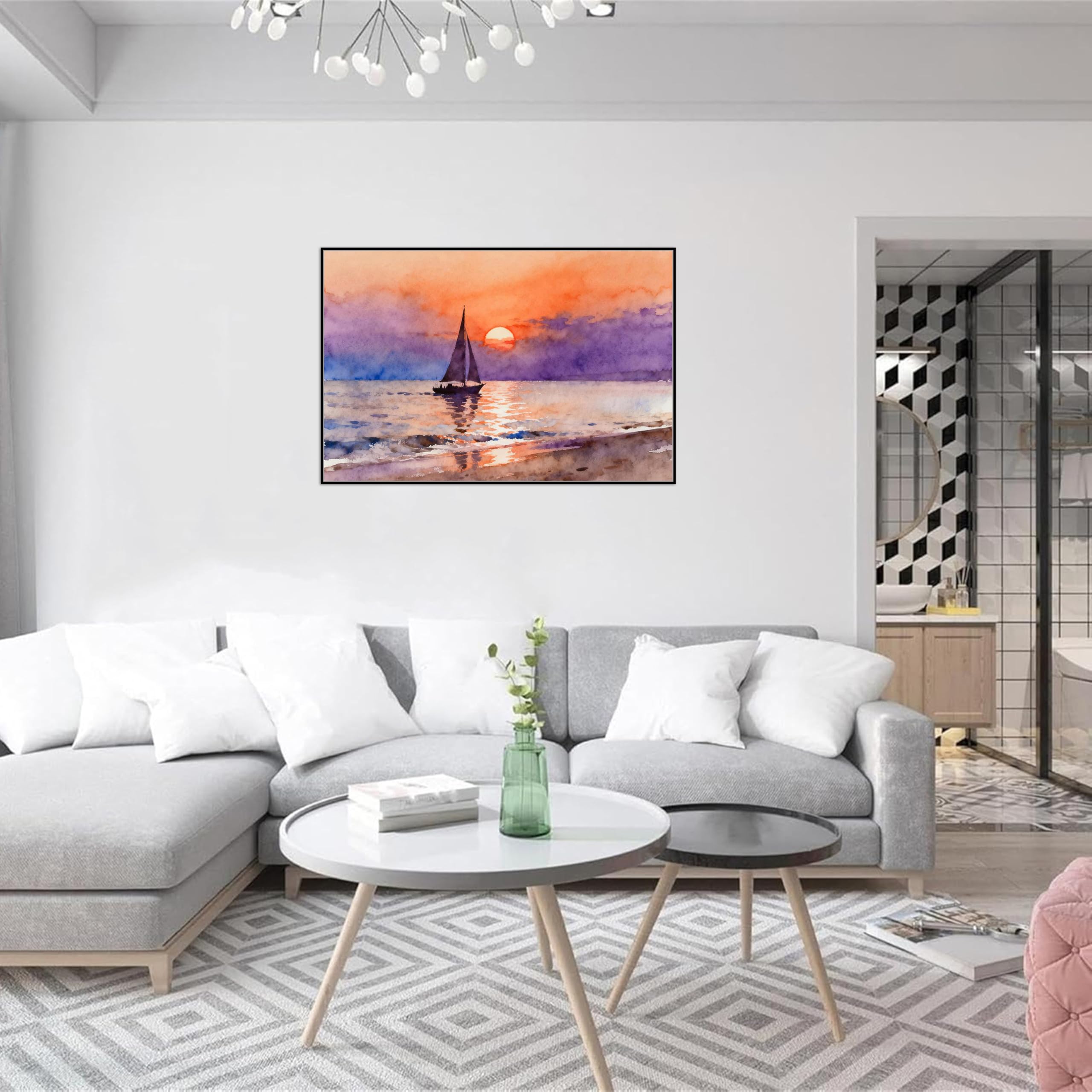OZPWBVY Meer Leinwandbild-Ozean Boot Sonnenuntergang-Küsten Landschaftsbilder für Wohnzimmer Schlafzimmer Fertig zum Aufhängen 50x75cm Schwarz Rahmen
