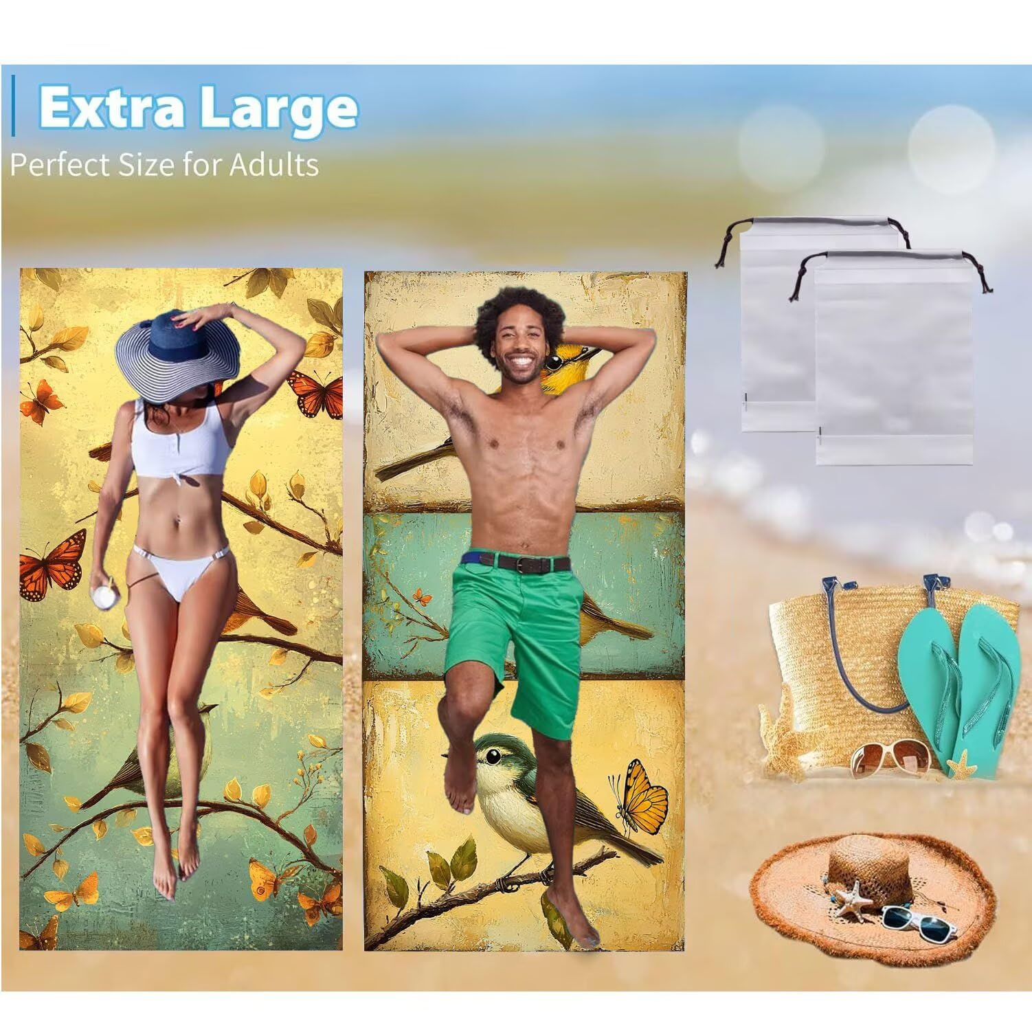 Ręcznik plażowy 90 x 200 cm, zestaw 2 dużych ręczników z mikrofibry szybkoschnący, chłonny, kompaktowy, ręcznik kąpielowy bez piasku lato koc plażowy damski do kąpieli prezent (zwierzęta ptaki) H-243