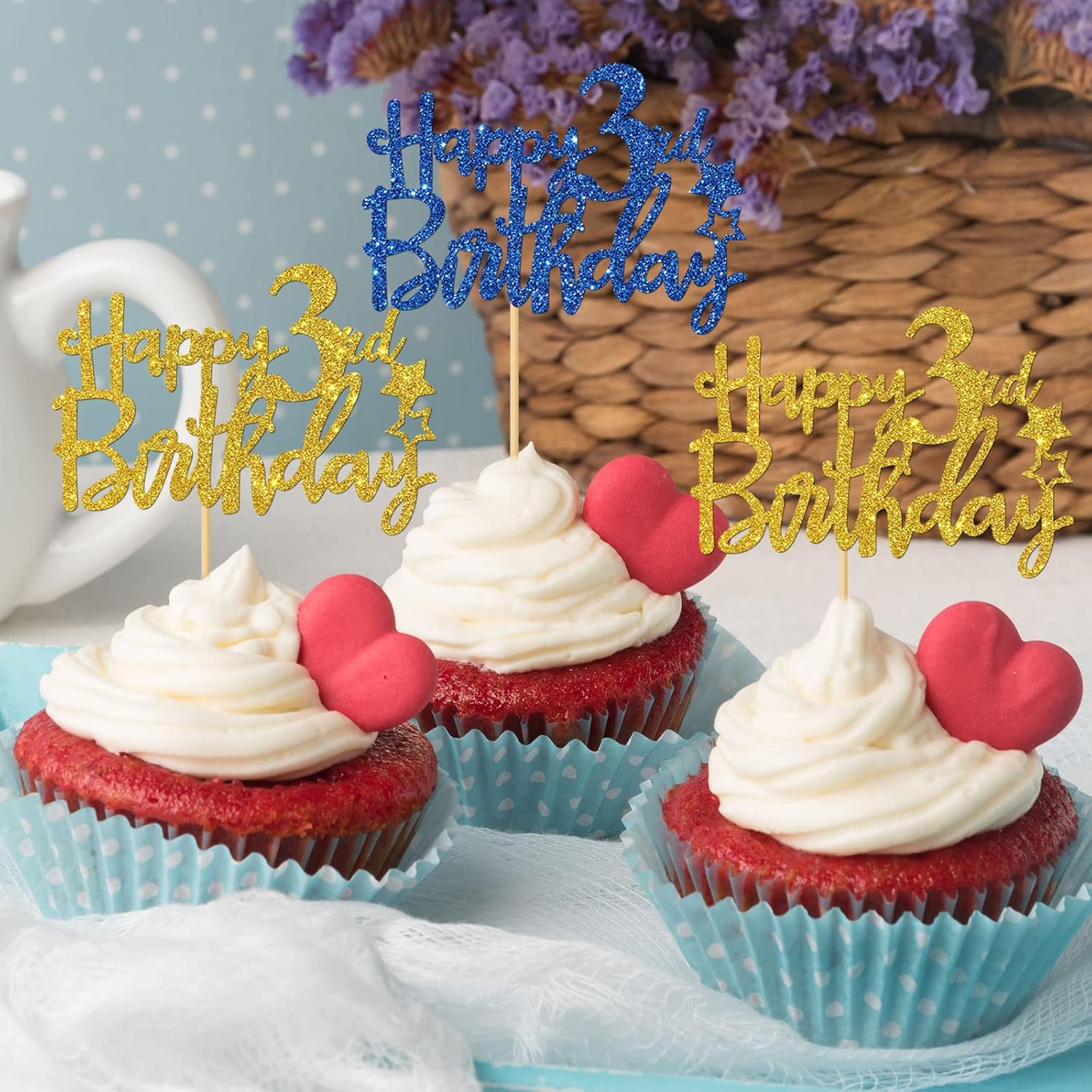 Happy 3rd Birthday Cupcake Toppers - Kid Boy Girl Three Years Old Bday Cupcake Supplies - 3rd Birthday Party Decorations - 24 PCS Blue & Gold Glitter - Image 6