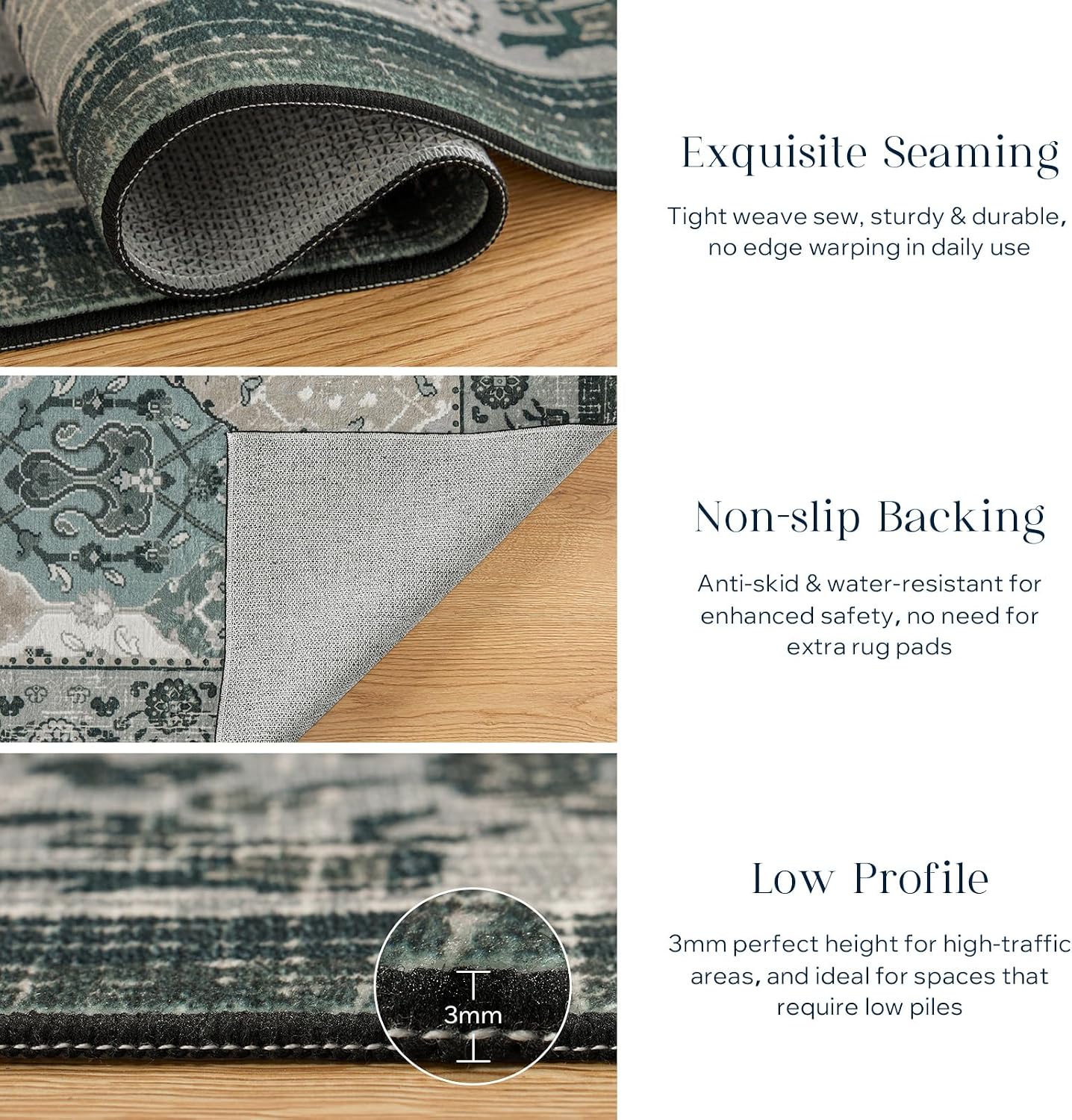 Phantoscope Washable Runner Rug 2'x10' Non-Slip, Vintage Boho Hallway Rugs for Entryway, Stair, Bedroom, Distressed Moroccan Mosaic Diamond Pattern, Low-Pile Foldable Floor Carpet, Grey Charcoal
