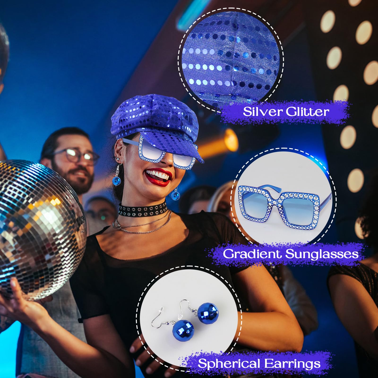 Oerphh 70s Disco Hat Set, 3PCS Sequins Glitter Abba Hat with Bling Sunglasses Disco Earrings - Image 4
