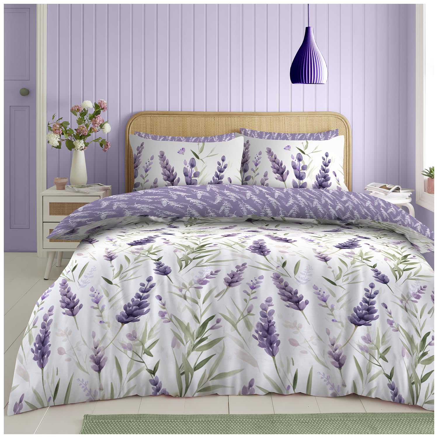 GC GAVENO CAVAILIA Floral Bedding Double Bed Set (200x200 cm), Reversible Leaf Duvet Cover With Pillowcases, Breathable Bed Covers Double Bed, Lavender