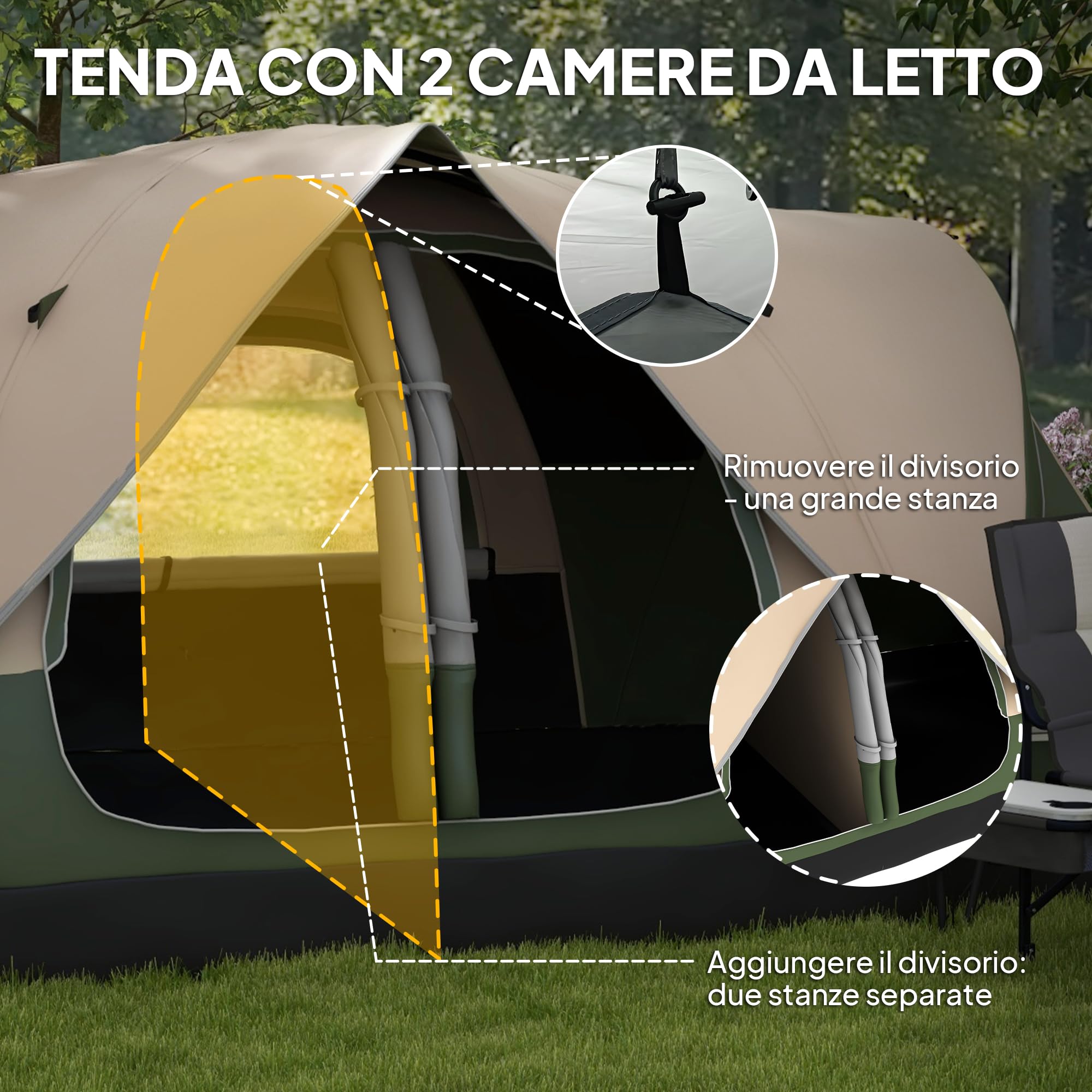 Outsunny Tenda da Campeggio 6-8 Posti 2 Stanze Separate Tunnel Protezione PU2000mm 450x215x180 cm