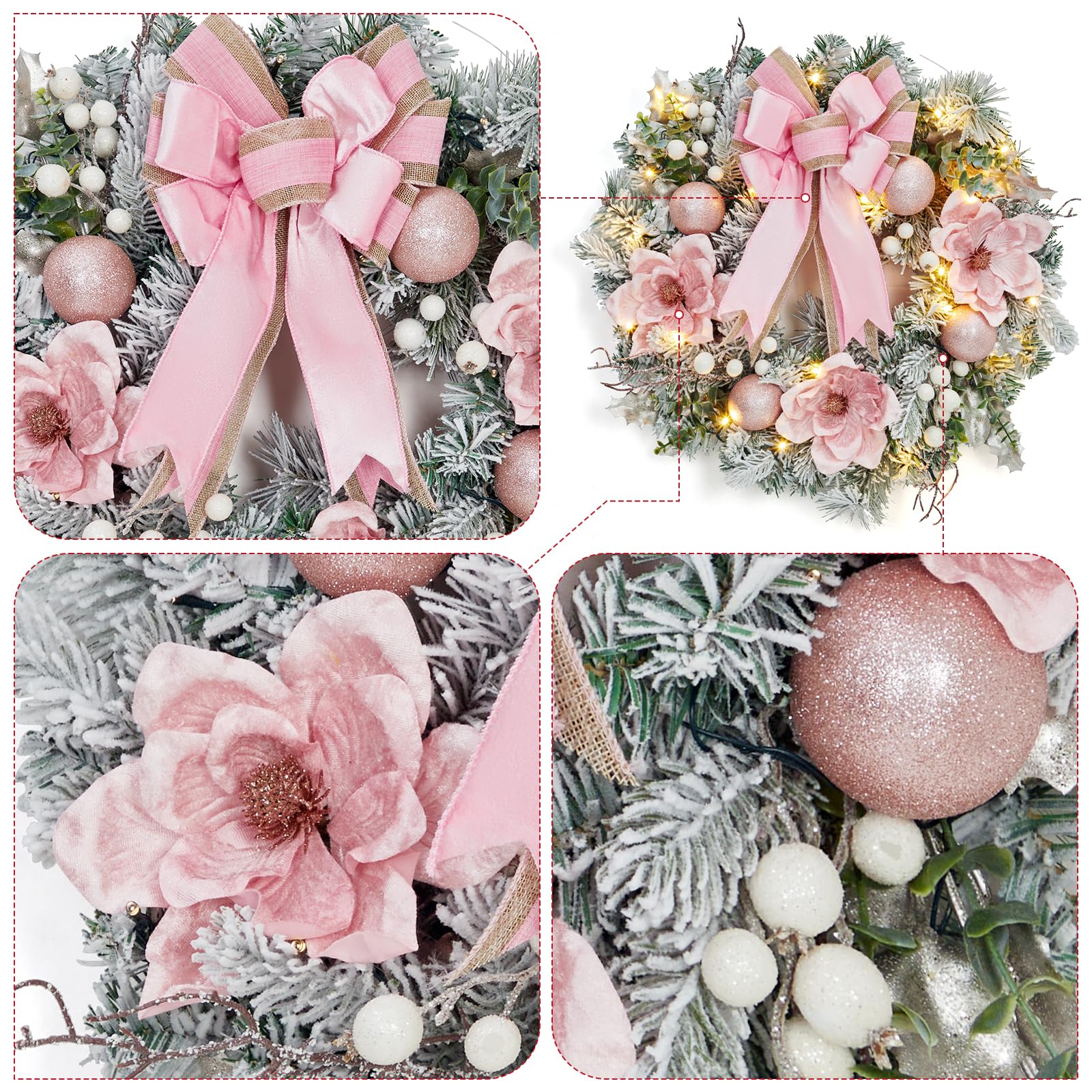 Grande couronne de Noël pré-éclairée pour porte d'entrée, 61 cm pour décoration de vacances, couronne de Noël lumineuse à piles avec fleurs, boules décoratives et 20 lumières LED pour fenêtre