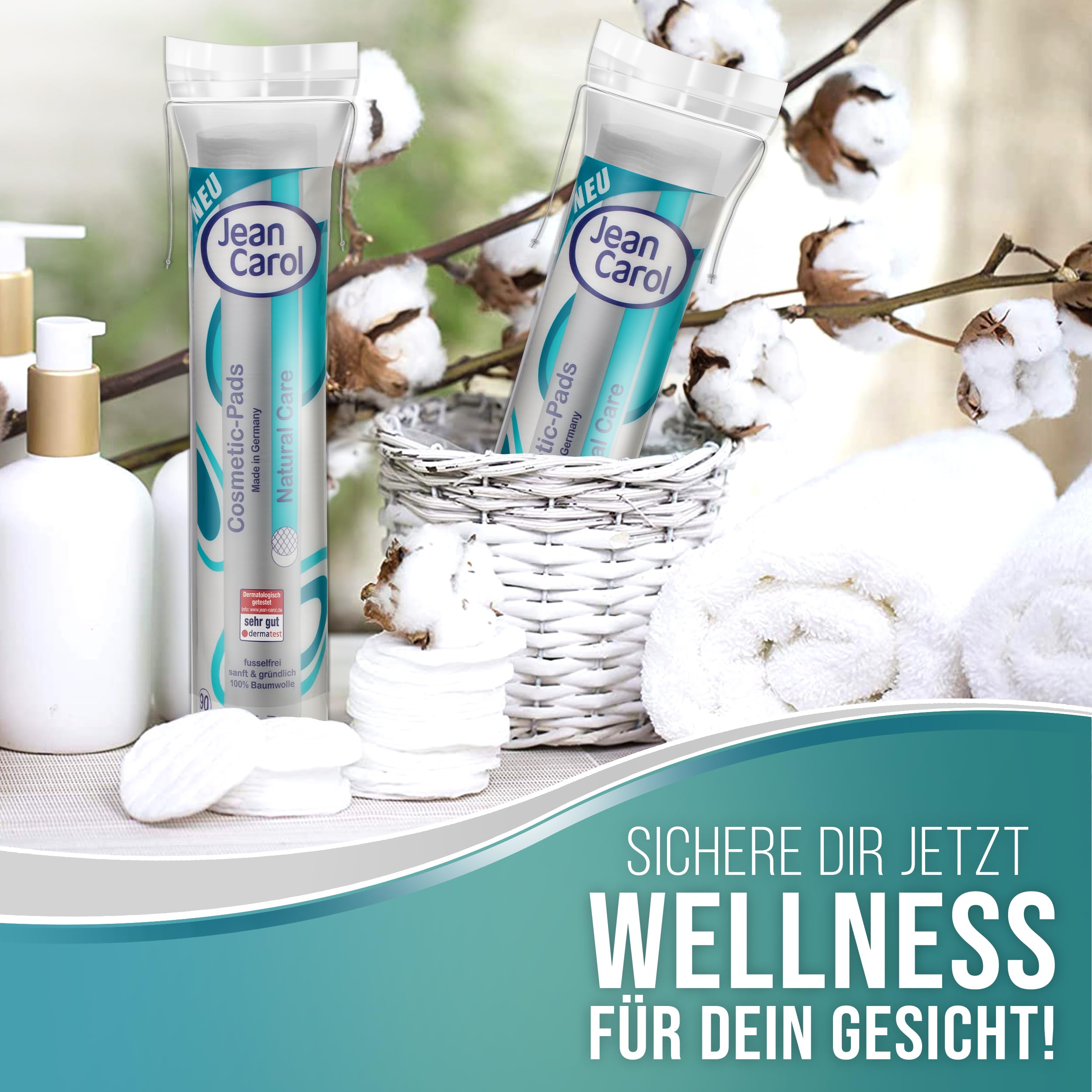 Jean Carol Duo-Wattepads Natural Care, rund, Vorteilspack (15 x 90 Stück)- Perfekt zum Abschminken & Reinigen - Fusselfreie, extra weiche Baumwollpads - made in Germany