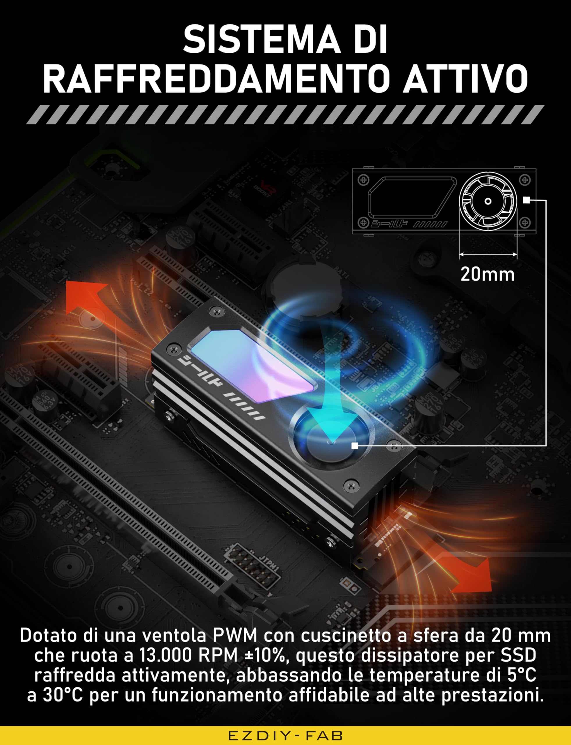 EZDIY-FAB Shield ARGB Dissipatore M.2 SSD con Ventola PWM da 20mm, Design in Alluminio Premium, Sincronizzazione ARGB 5V 3-Pin, Dissipatore Alta Prestazione per M.2 2280,Nero,1 Confezione