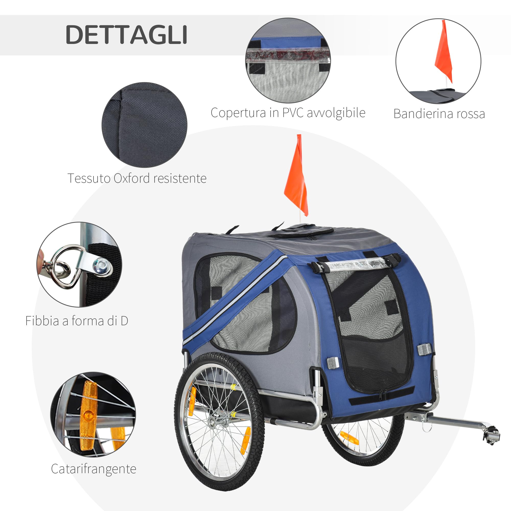 PawHut Rimorchio da Bicicletta per Cani e Gatti 2 Grandi Ruote da 50cm Buona Ventilazione Bandiera di Sicurezza Resistente alle Intemperie Acciaio e Tessuto Oxford
