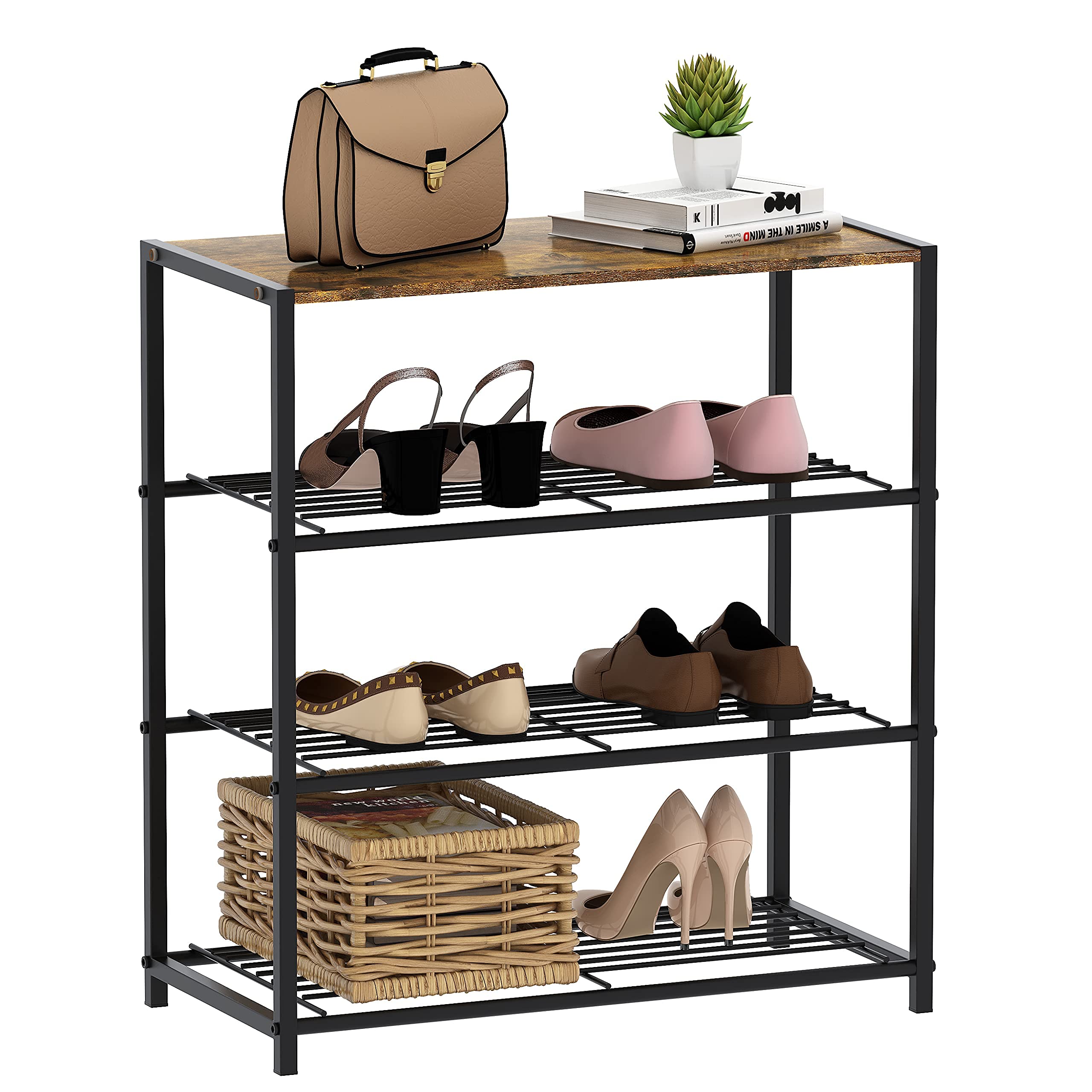Buy Yusong 4Tier Shoe Rack, Black Metal Frame and Brown Wooden Top