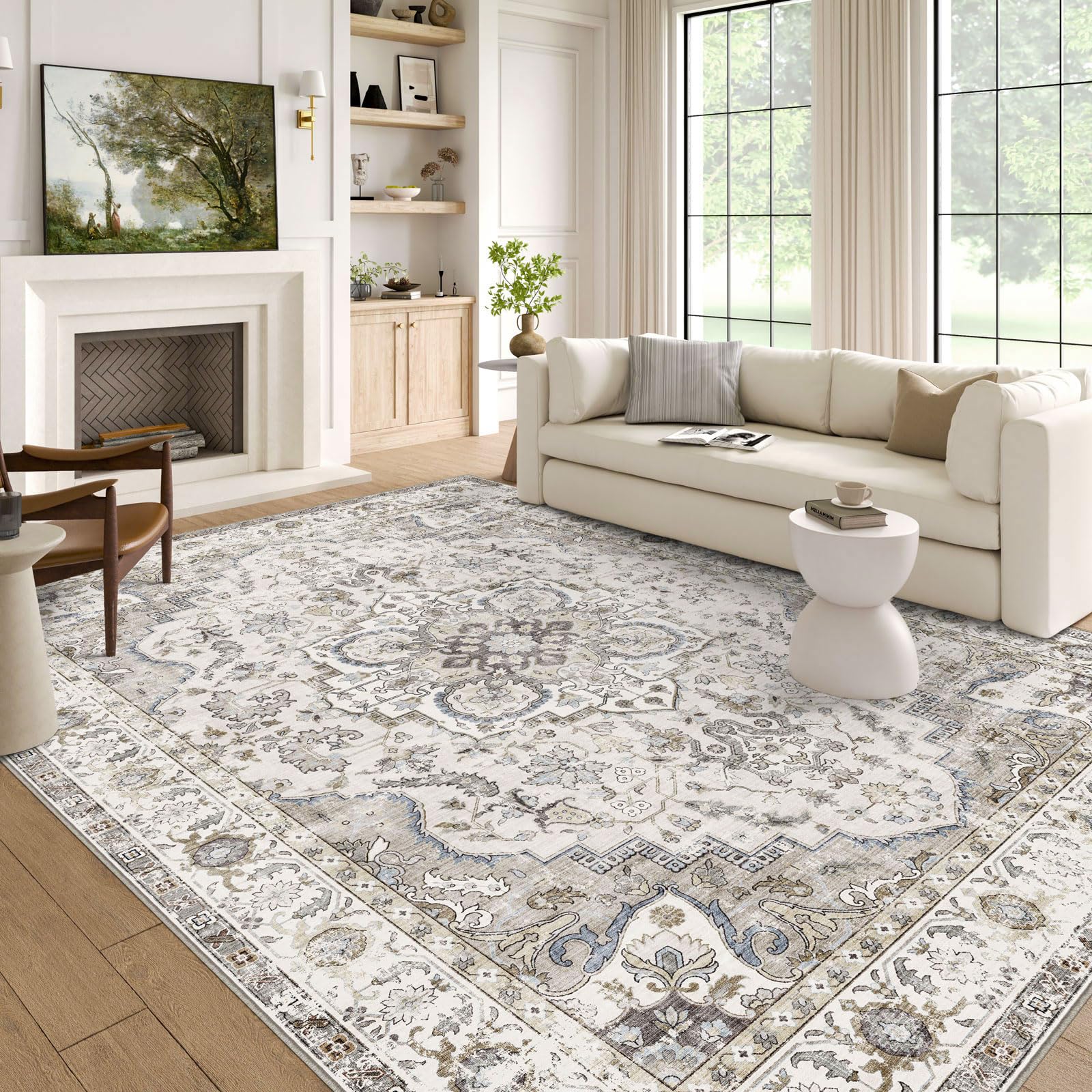 LUXRUG 6x9 Area Rug for Living Room - Large Oriental Washable Rugs for Bedroom Non-Slip Cream Stain Resistant Dining Room Rug Farmhouse Low-Pile