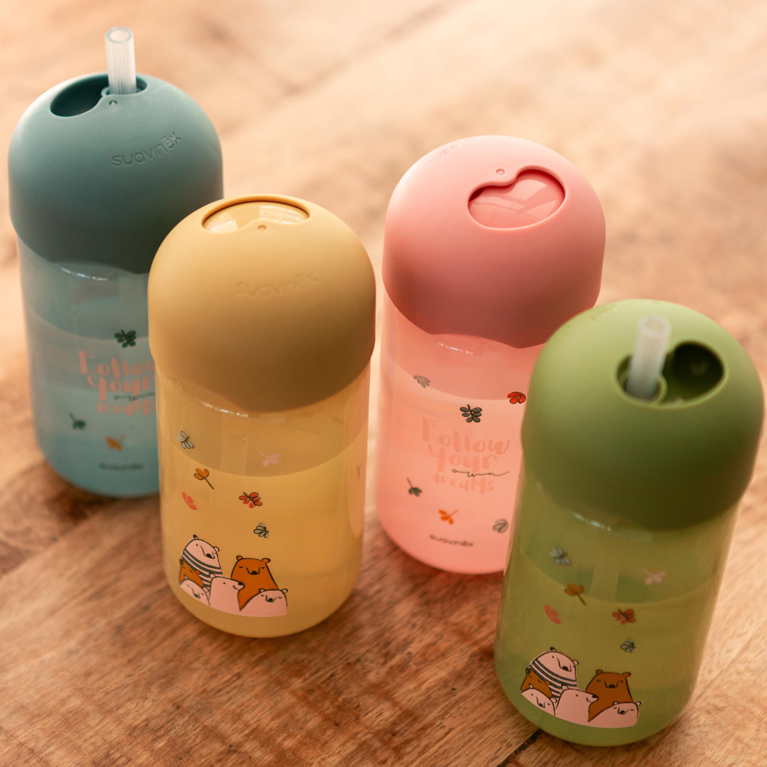Suavinex, Tazza didattica per bambini con cannuccia in silicone morbida e flessibile, antigoccia e antimacchia, lavabile in lavastoviglie, con tappo, 340 ml, bimbi +18 mesi, My Family Rosa