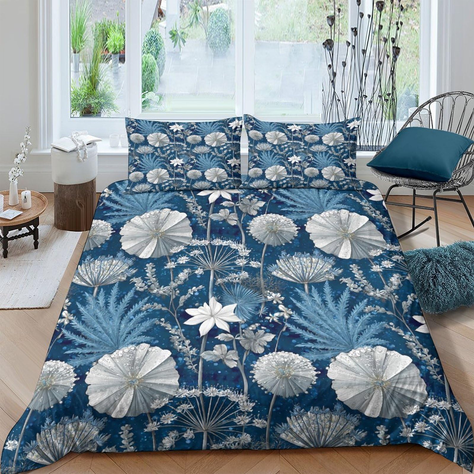 Ctjqhvkz Style-8 3D Printed Botanical Flower Fitted Sheet Microfiber Soft Blue Dandelion Bed Cover For Bedroom Guest Room Decor Single（135X200cm）