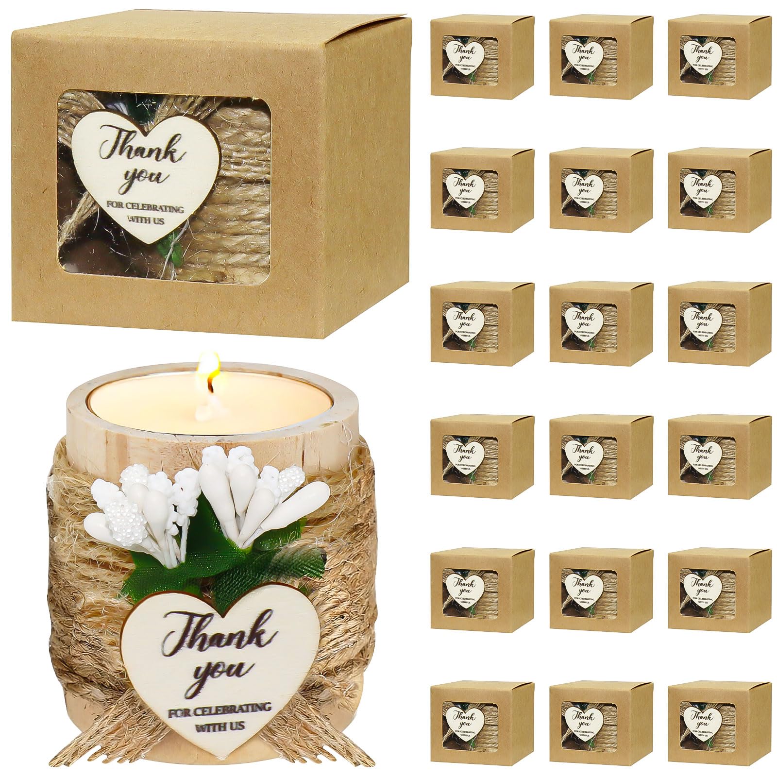 16 Sets Tea Light Candle Favors for Baptism Gift, Wooden Candle Holders