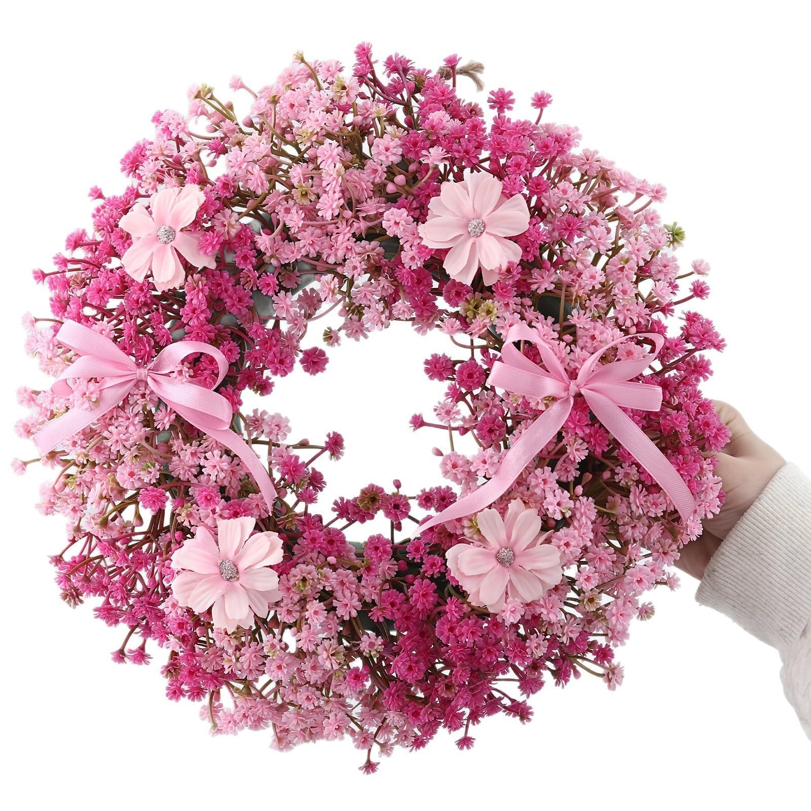 CALMUDHON 11.81 Inch Pink Baby Breath Flower Wreath with Bow Handmade Artificial Floral Wreath Front Door Wall Hanging Decor for Spring Wedding Holiday