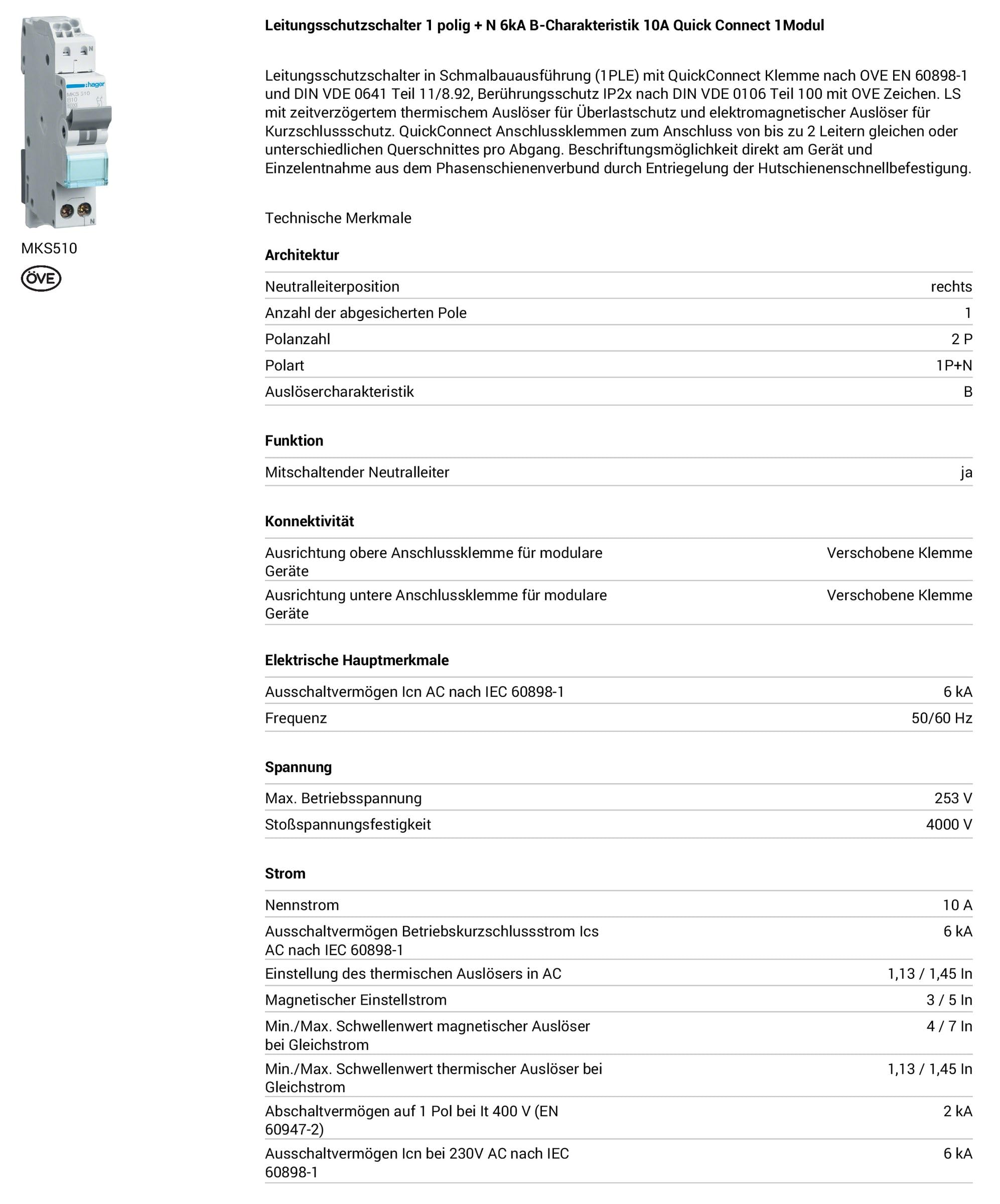 Hager MKS510 Leitungsschutzschalter 10A 1P+N 1-polig + N 6kA B-Charakteristik Quick Connect LS-Schalter