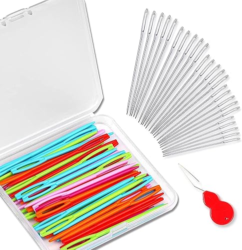 73 agujas de coser grandes, agujas de tejer de hilo de acero inoxidable y agujas de plástico para roscado, agujas de plástico para hilo y