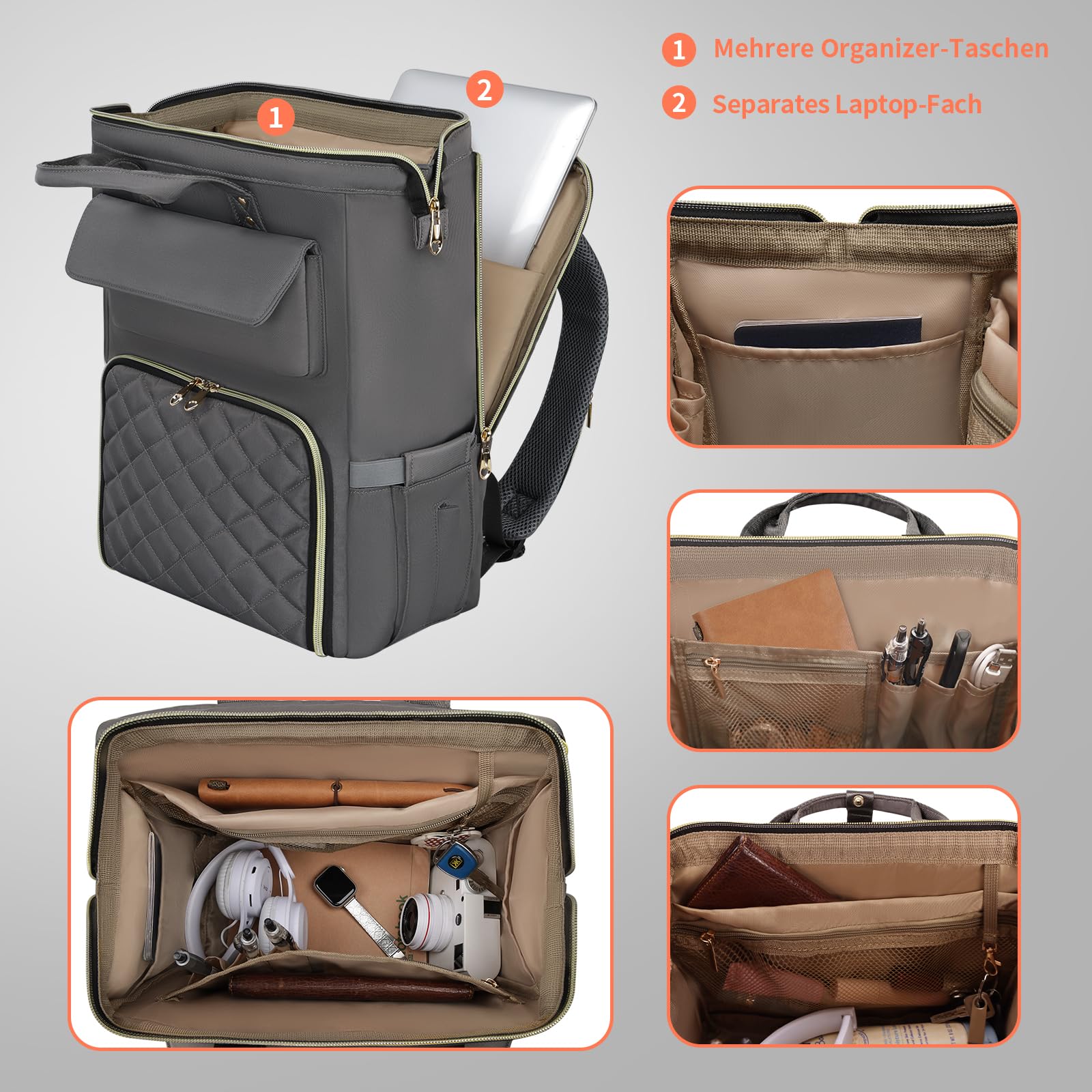 BERTASCHE Zaino per il pranzo, per laptop da donna da 15,6 pollici, con borsa termica isolata, zaino da lavoro 2 in 1, per donne, lavoro, lavoro, viaggi, insegnanti, scuola, università, grigio chiaro
