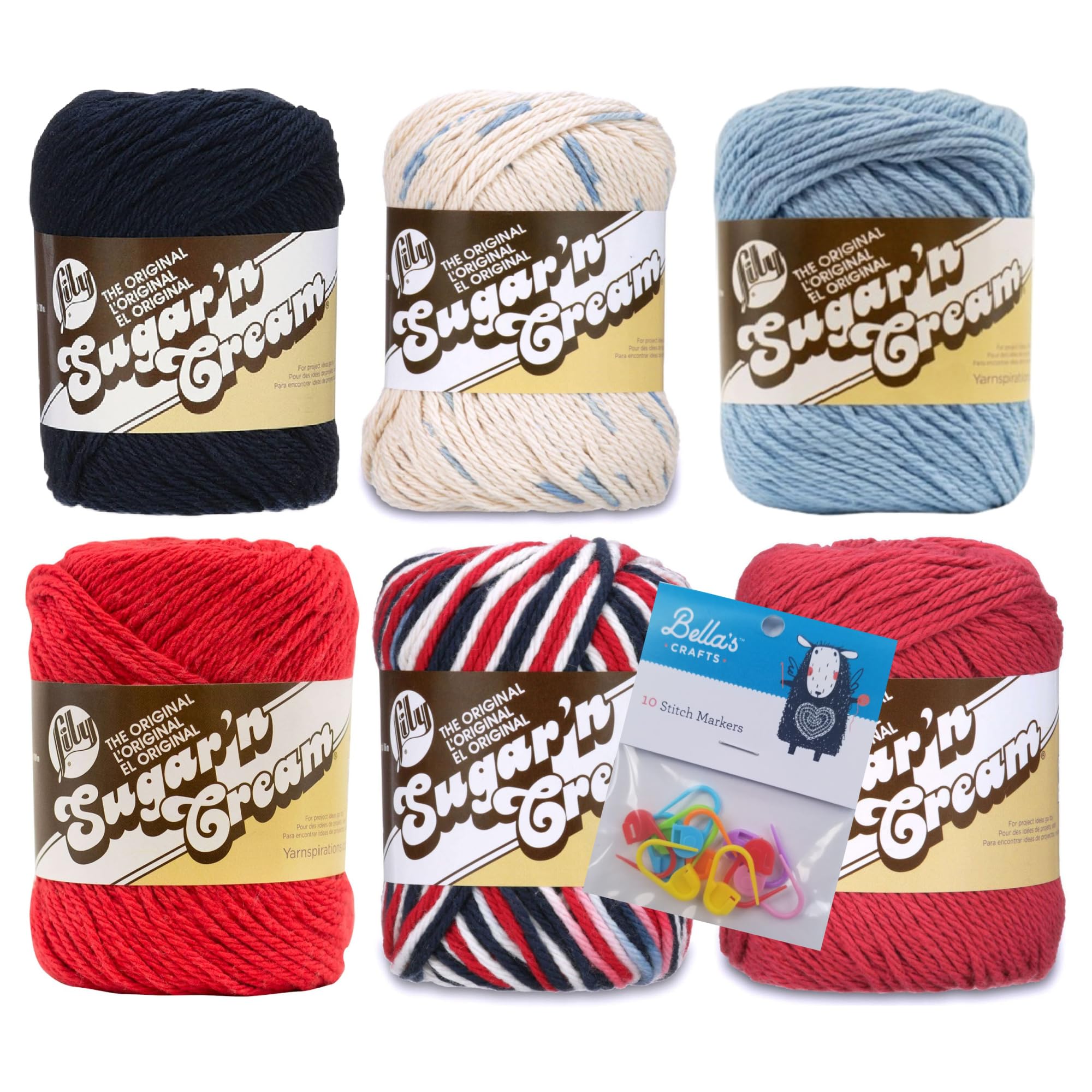 Lily Sugar'n Cream 100% Cotton Yarn 6-Pack Bundle with Bella's Crafts Stitch Markers (Americana)