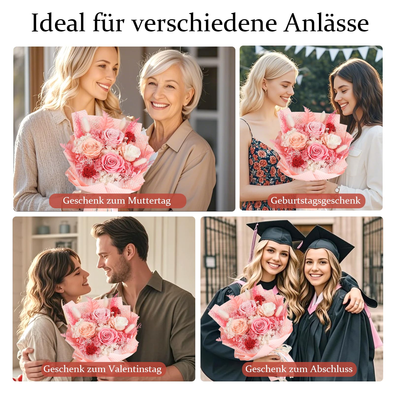 Ewige Rosen Blume Strauß mit Vase-Rosa, Infinity Konservierte Echt Flower, Rosestrauß in Geschenkbox, Geschenk für Sie Frauen Freundin Mama Oma zum Valentinstag Jahrestag Geburtstag Muttertag