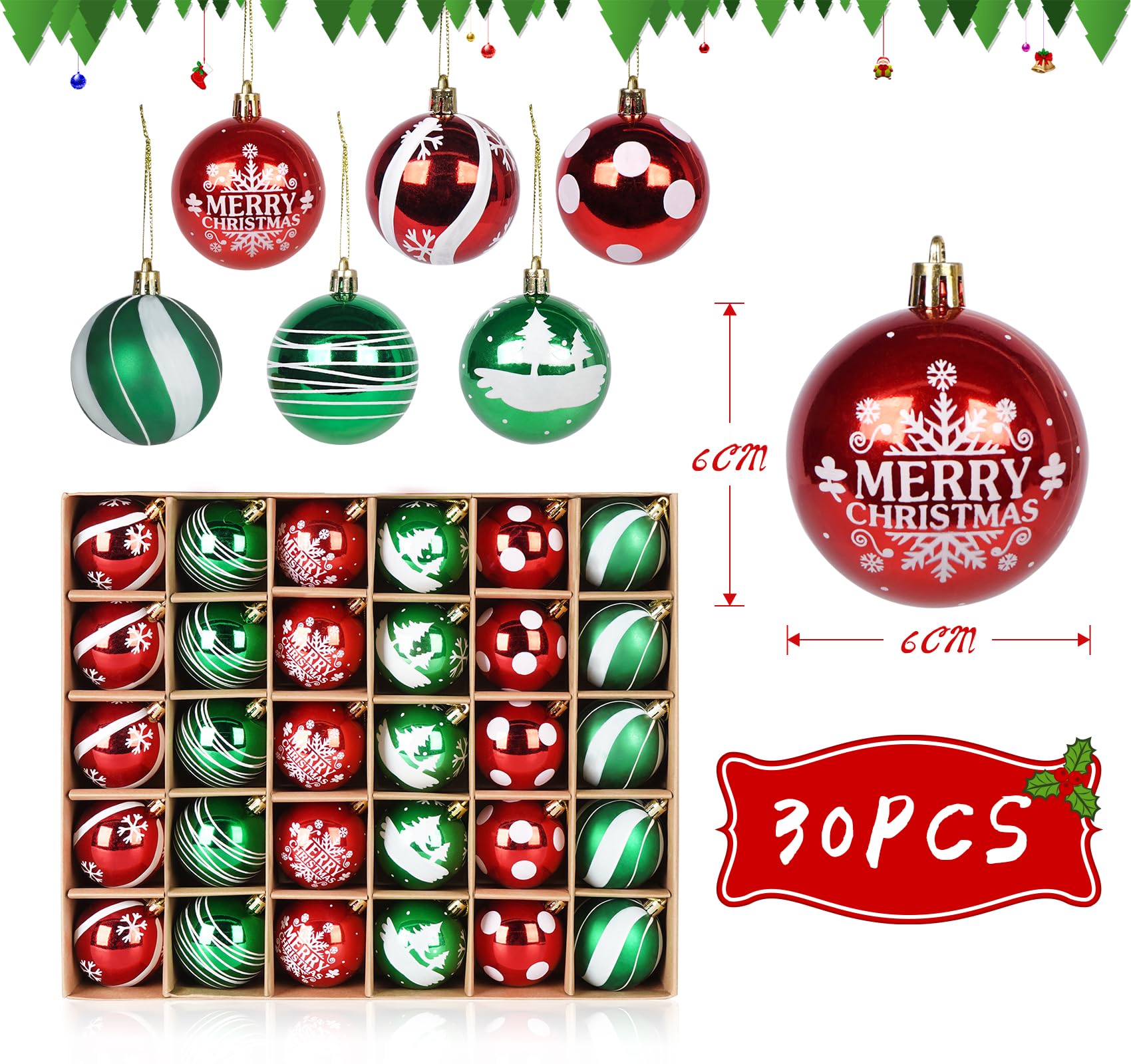 Homewit 30 Palline Di Natale Infrangibili, 6 Cm, In Plastica - Rosse E Verdi Con Motivi Classici (Albero, Fiocchi Di Neve, Strisce) - Decorazioni Natalizie Tradizionali Con Cordino Argento