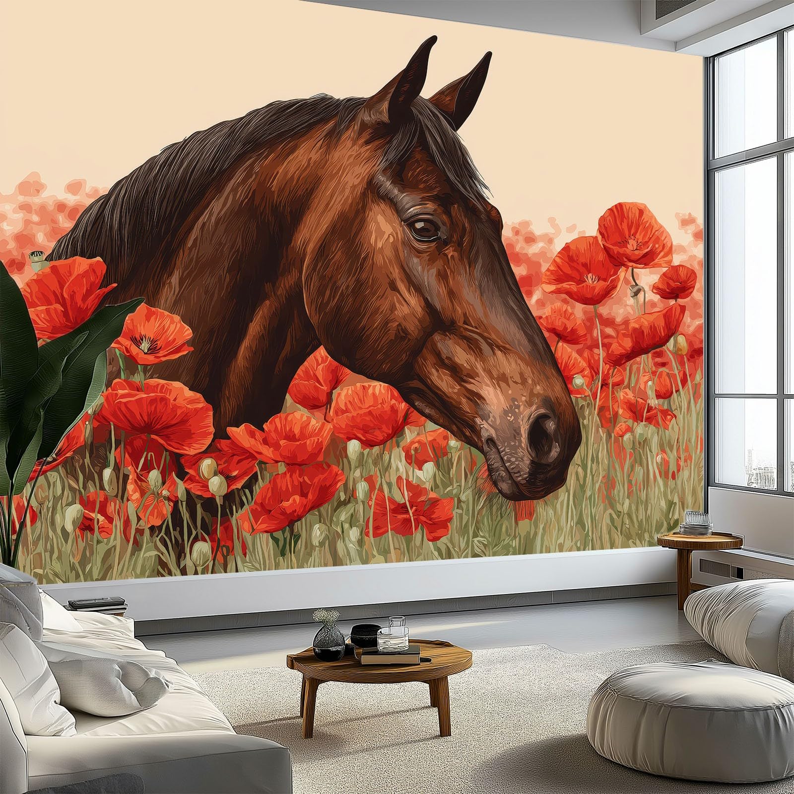 Générique Panoramiczna tapeta wiejska pola kwiatowe konie 3D 200 x 140 cm, włóknina XXL nowoczesna dekoracja ścienna salon sypialnia biuro pokój dziecięcy, beżowy