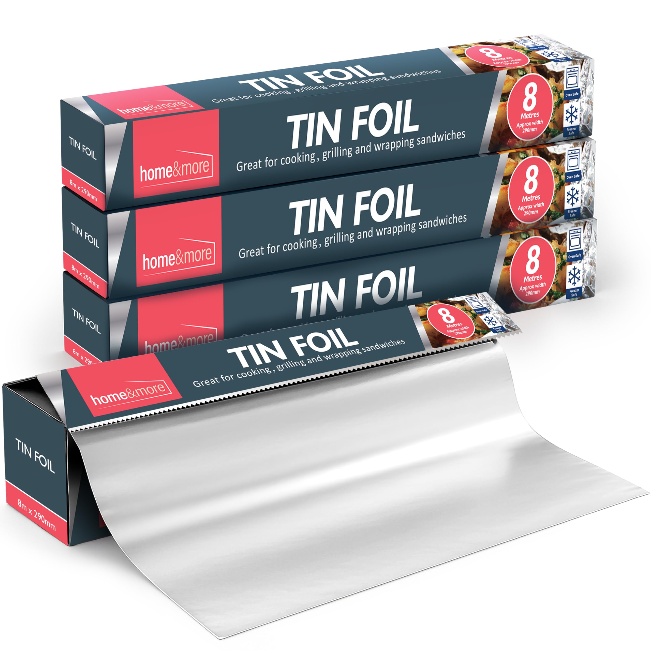 SOL 4pk Tin Foil 32m in Total - 8m x 29cm Large Size - Non-Stick Tin Foil for Wrapping, Grilling, BBQ & Baking – Heavy-Duty Silver Cooking Foil with Cutter
