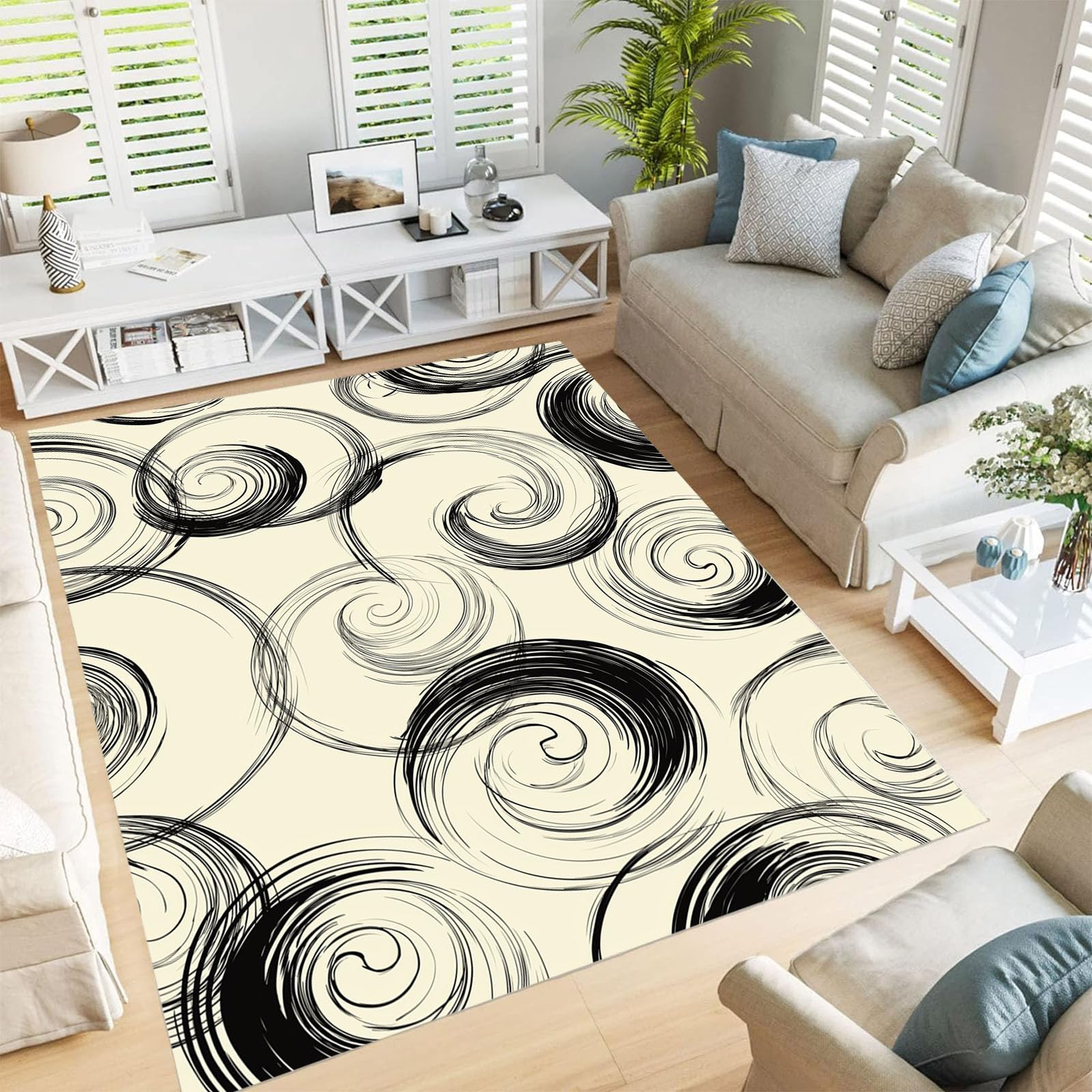 Tapis lavable tourbillon abstrait vintage grand tapis de salon beige antidérapant 2x3m