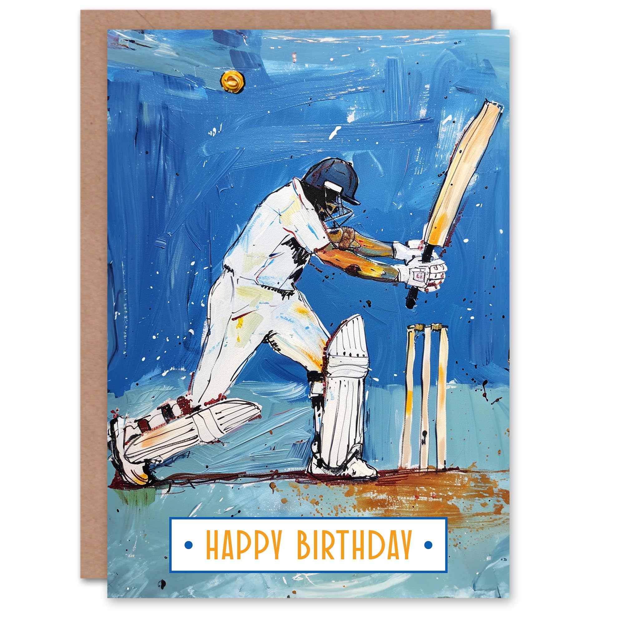 Artery8 Batsman Sport Cricket Player Wicket Painting Blank For Him Or Her Art Birthday Card