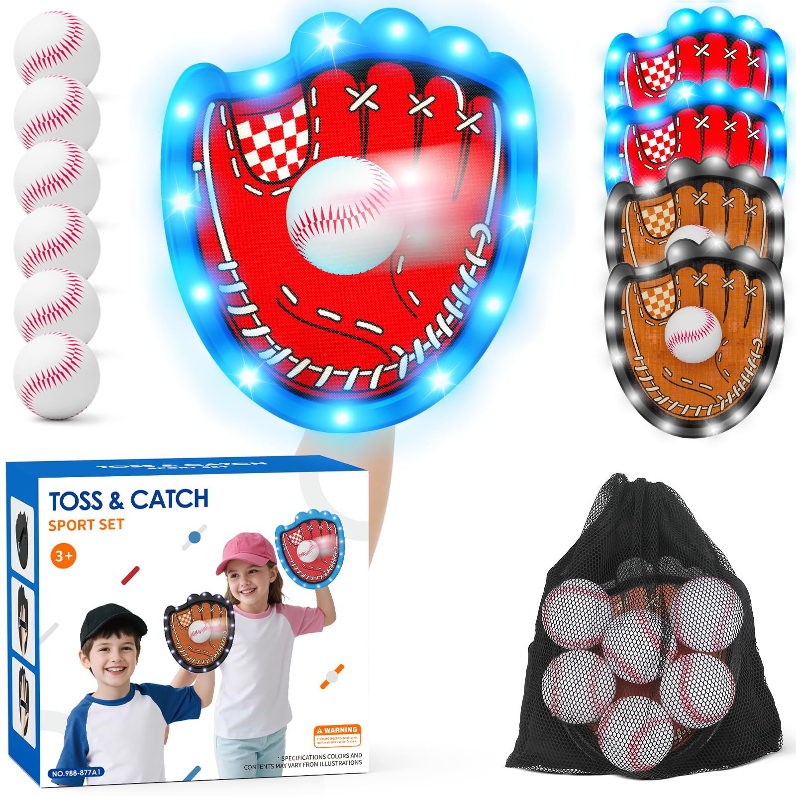HYES Toss and Catch Ball Game Set, Outdoor Pool Beach Yard Camping Games for Family, Toddler Baseball Birthday Gifts for Boys Girls Ages 3-12 (4 Light