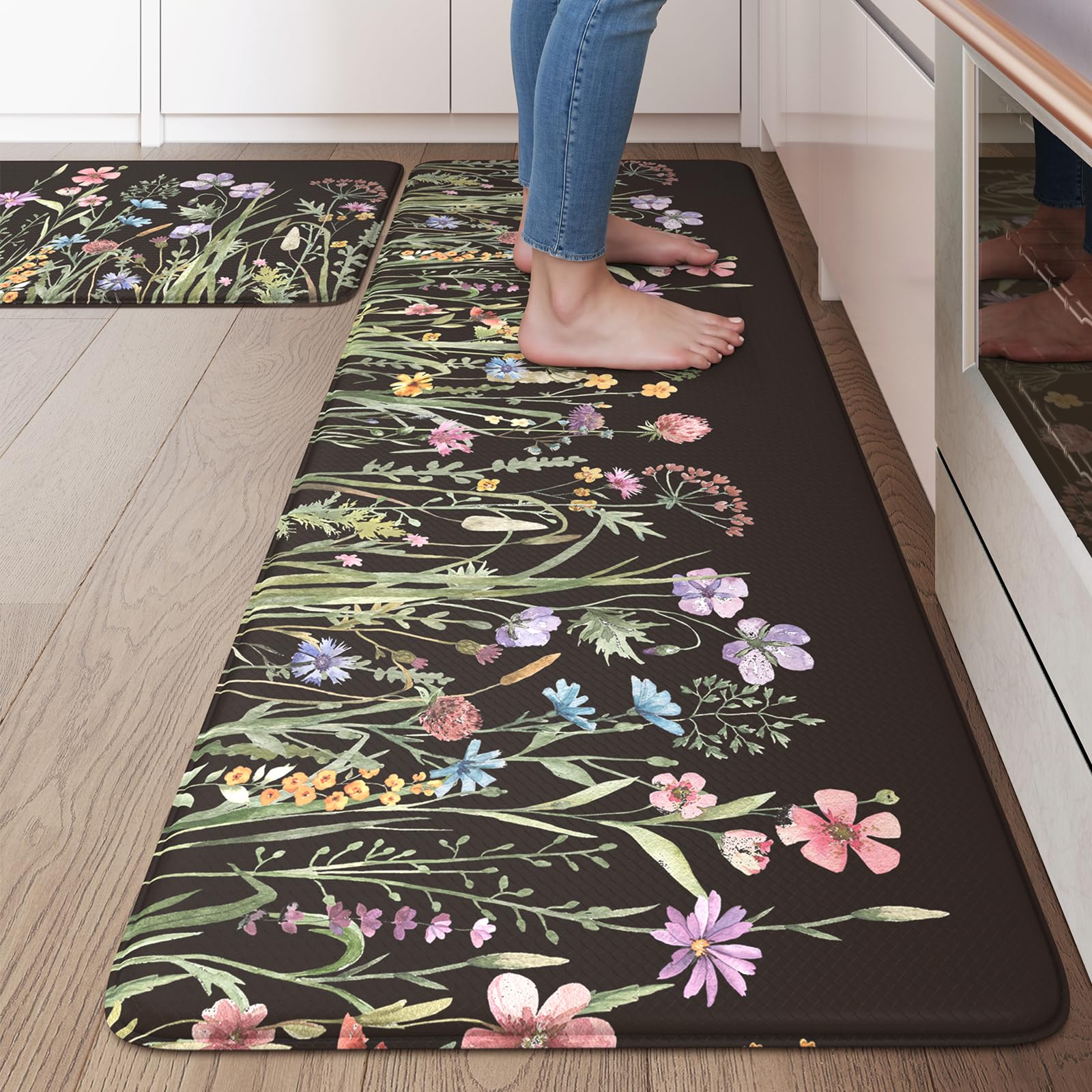 KIMODE Anti Fatigue Kitchen Mats for Floor 2 Piece, Cushioned Farmhouse Kitchen Rugs, Non Slip Kitchen Floor Mats, Comfort Foam Standing Desk Mats for Laundry Office Sink Black 20"x47"+20"x32"