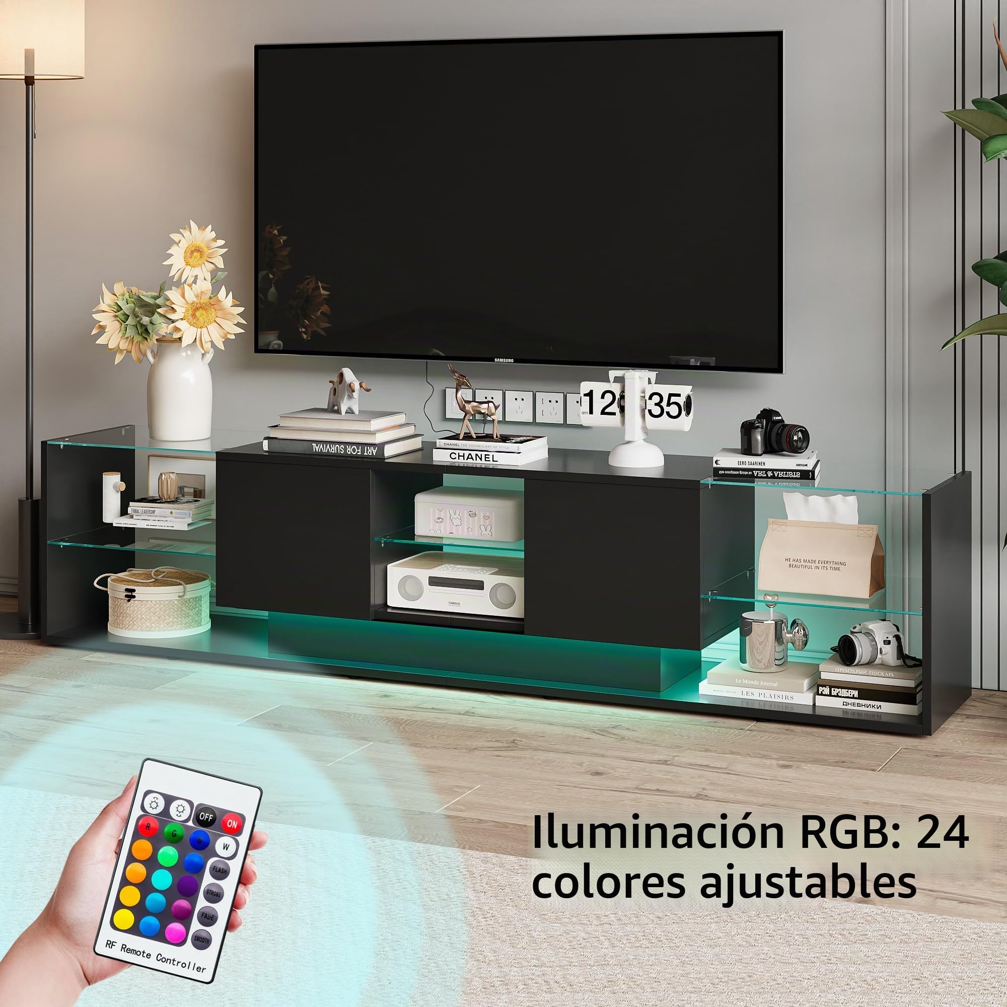 Mueble TV negro con luces LED, moderno mueble de TV de 200 cm con 2 cajones y estantes de cristal, mesa Tele banco TV para salón o dormitorio (negro, 200 x 35 x 45 cm)