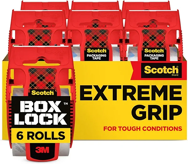 Scotch Box Lock Packing Tape, Clear, Extreme Grip Box Packaging Tape for Shipping and Mailing, 1.88 in. x 22.2 yd., 6 Rolls with Dispensers