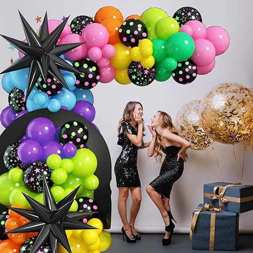 Miniatura 4 de Kit de guirnalda de arco de globos de arco iris, 137 globos coloridos con globos de arco iris con estrellas y lunares brillantes para fiesta oscura,