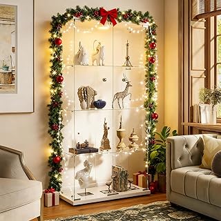 Glass Display Cabinet with LED Lights and Lock, 4-Shelf Tempered Glass C...