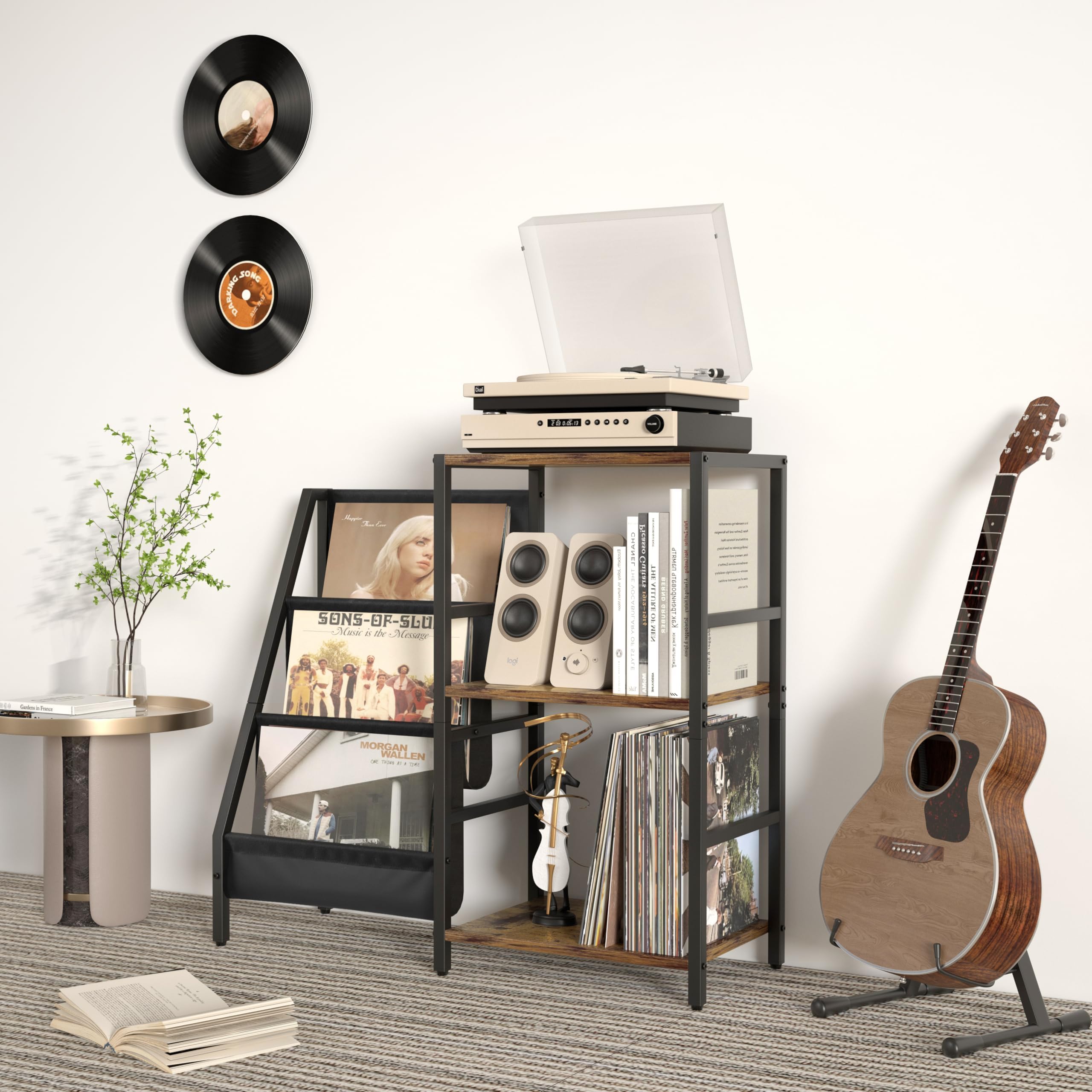 Mobile Giradischi e Porta Vinili, Porta Dischi Vinile, Vinili da Parete a 3 Livelli, Mobile per Giradischi e Vinili Archiviazione fino a 200 Albums, Cds