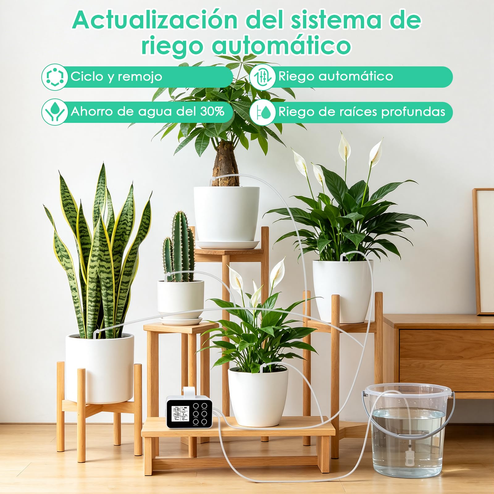 ZWOOS Riego Automático, Sistema De Riego Automático con Temporizador, 20 Goteros & Manguera 15M, Batería 2000mAh, USB-C, Kit De Riego Por Goteo para Huerto Elevado, Invernadero & Plantas
