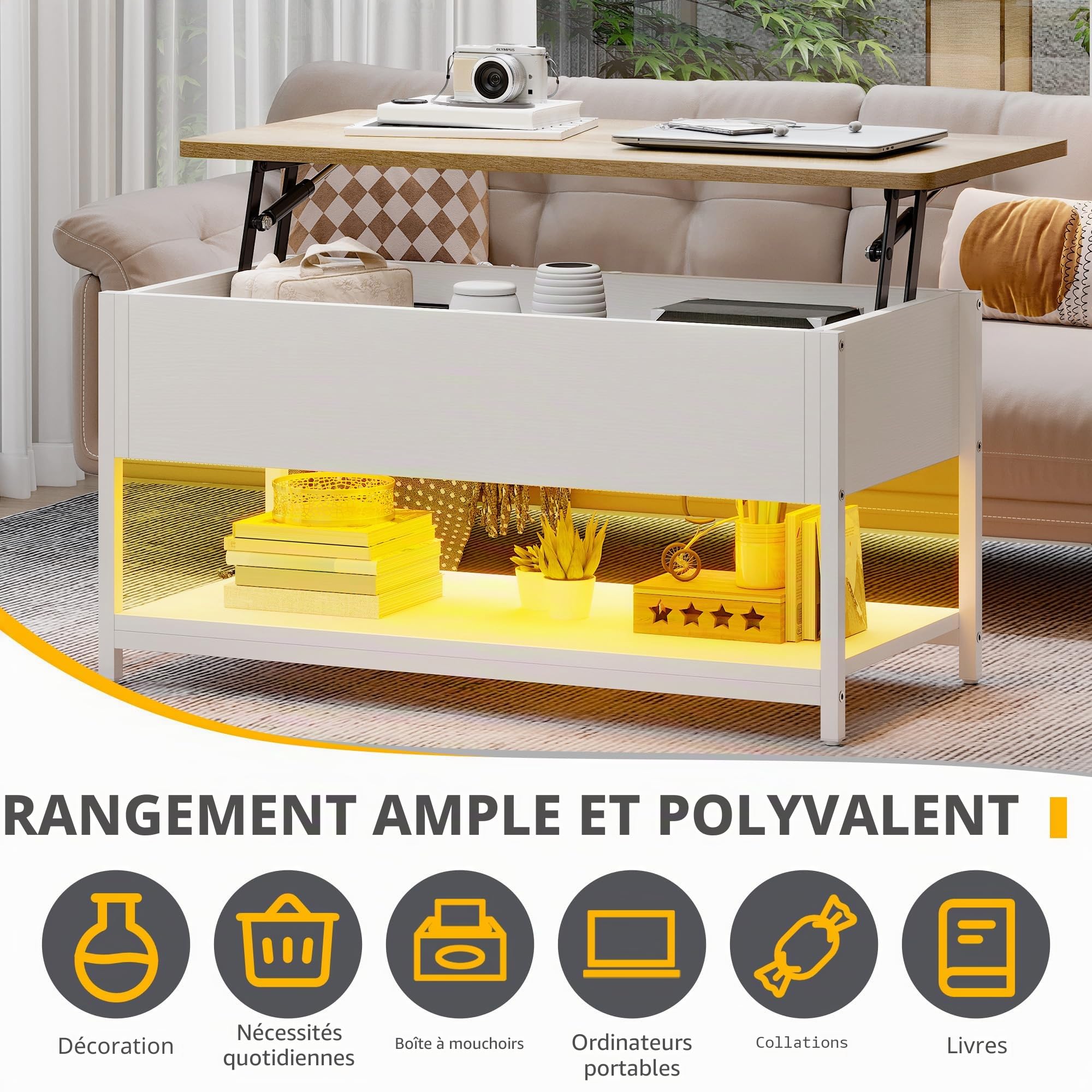 DWVO Table Basse Rectangulaire avec LED et La Prise, Table Basse Salon Relevable Bois et Blanc, Moderne,Style Nordique, 100x50x(49-63,5) cm