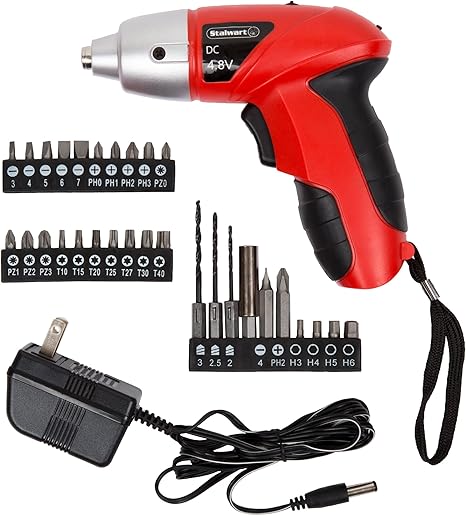 25-Piece Electric Screwdriver Set - Cordless Drill with LED Work Light, Automatic Spindle Lock, and Screw Driver Bits by Stalwart (Red)