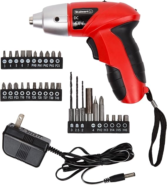 25-Piece Electric Screwdriver Set - Cordless Drill with LED Work Light, Automatic Spindle Lock, and Screw Driver Bits by Stalwart (Red)