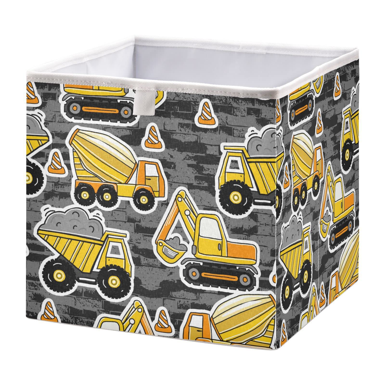 Kigai Construction Machines Pattern Cube Storage Bin, 11x11x11 in Collapsible Fabric Storage Cubes Organizer Portable Storage Baskets for Shelves, Closets, Laundry, Nursery, Home Decor