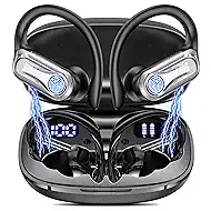 Wireless Earbuds, Sports Bluetooth 6.1 Earhooks Headphones, 90H Playtime LED Charging Case, ENC Noise Cancelling, 16.2mm Driver HiFi Stereo, IPX7 Waterproof Earphones for Running Workout Gym Black