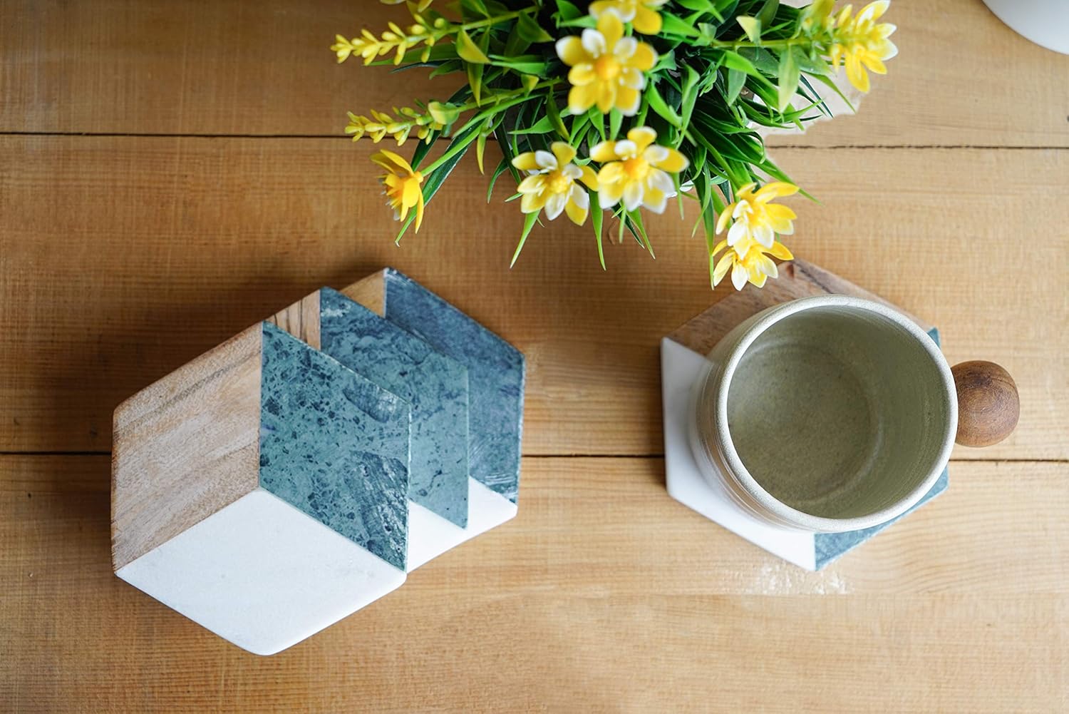 GoCraft Hexagon Geometric Coasters | Handcrafted Geometric Coasters with Green for Your Drinks, Beverages & Wine/Bar Glasses | Green Marble & Wood Inlay on White Marble Base (Set of 4) - Image 2