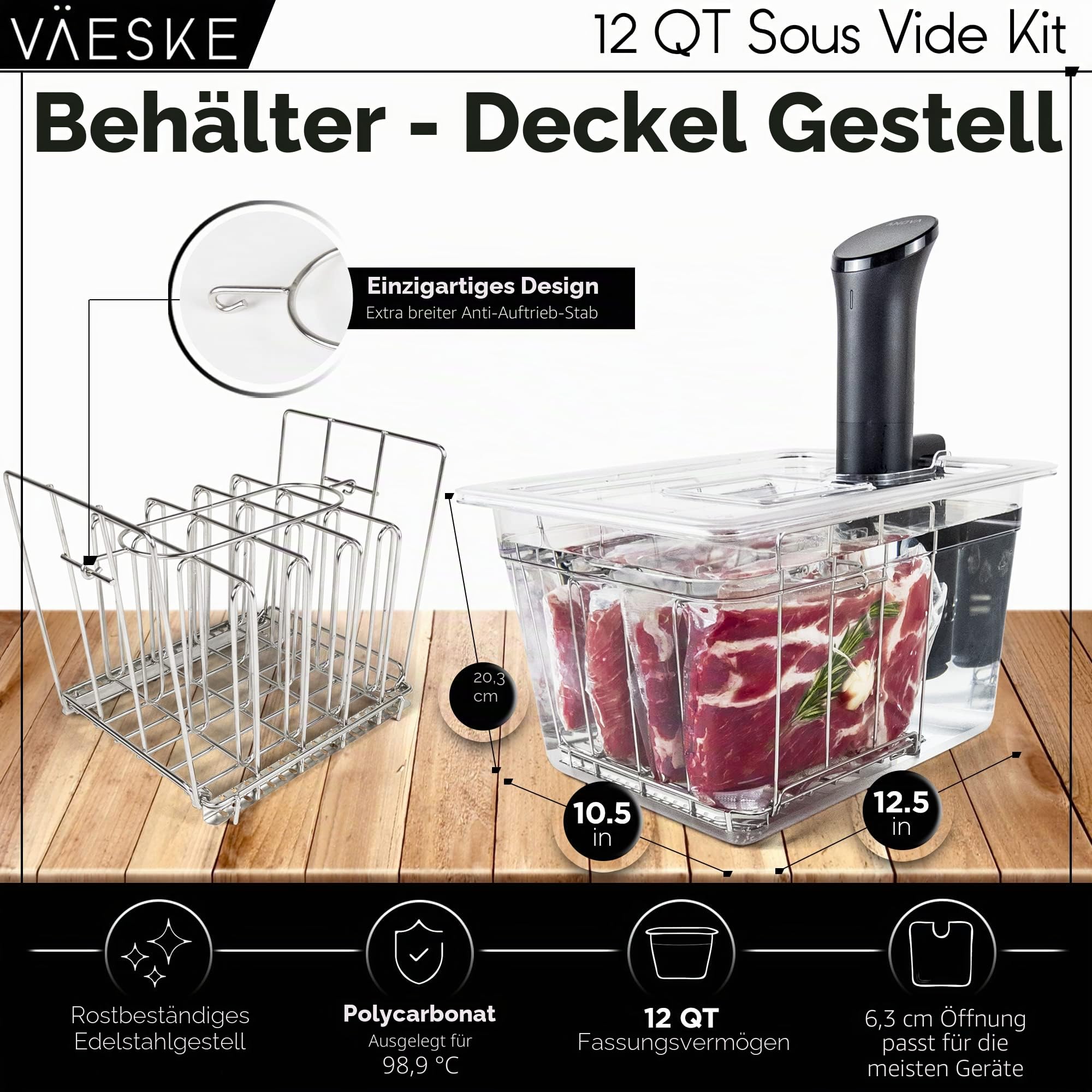 VÄESKE Isolierter Sous-Vide-Behälter mit Deckel und Gestell, speichert Wärme und schützt Arbeitsflächen, funktioniert mit den meisten Sous-Vide-Kochfeldern (12 QT)