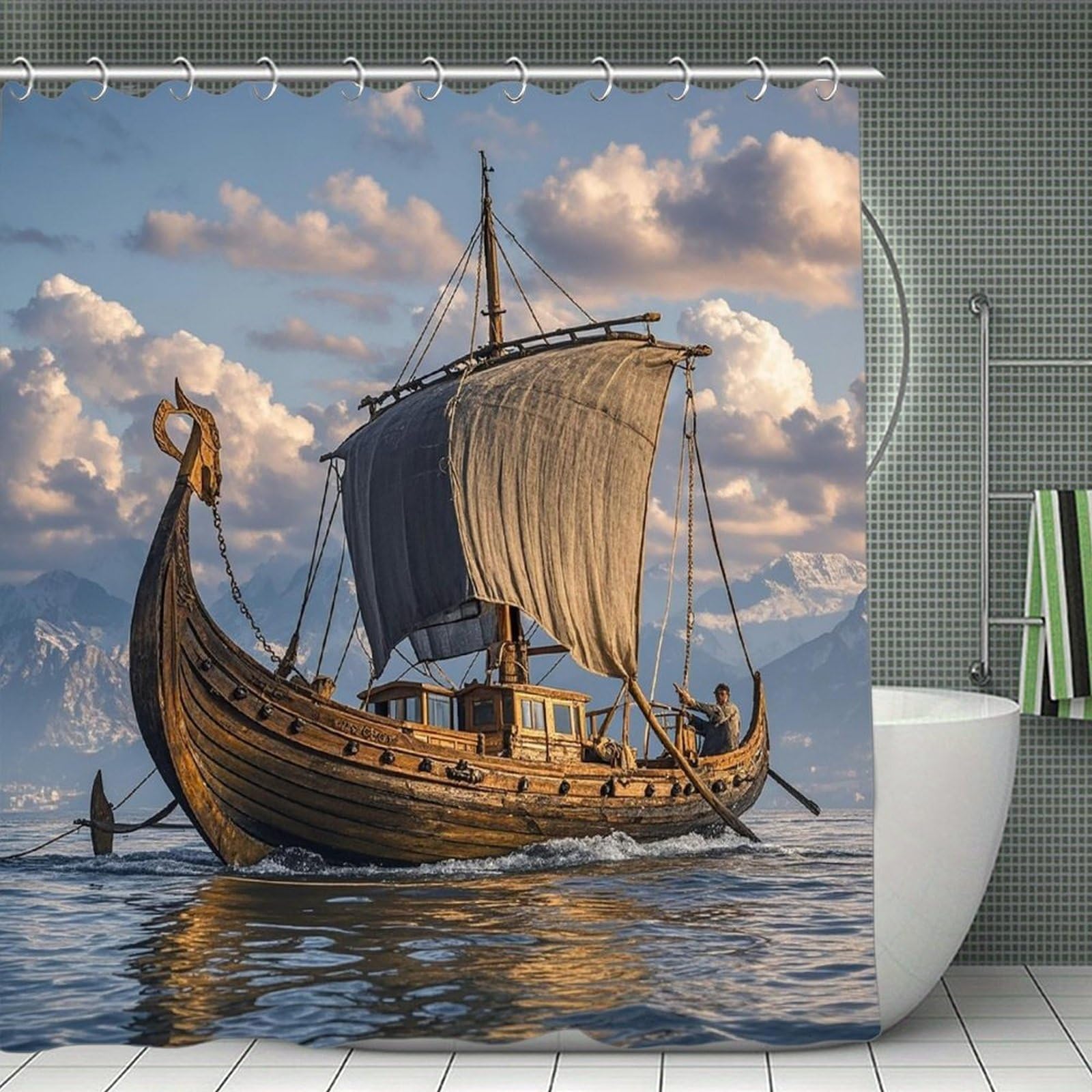 FekiLoot Old Viking Boat Shower Curtain Minimalist Thick Bathroom Curtain Washable Modern Bathroom Shower Curtain Heavy Duty Waterproof Cloth Bath Curtain with Hooks 70.8"x70.8"