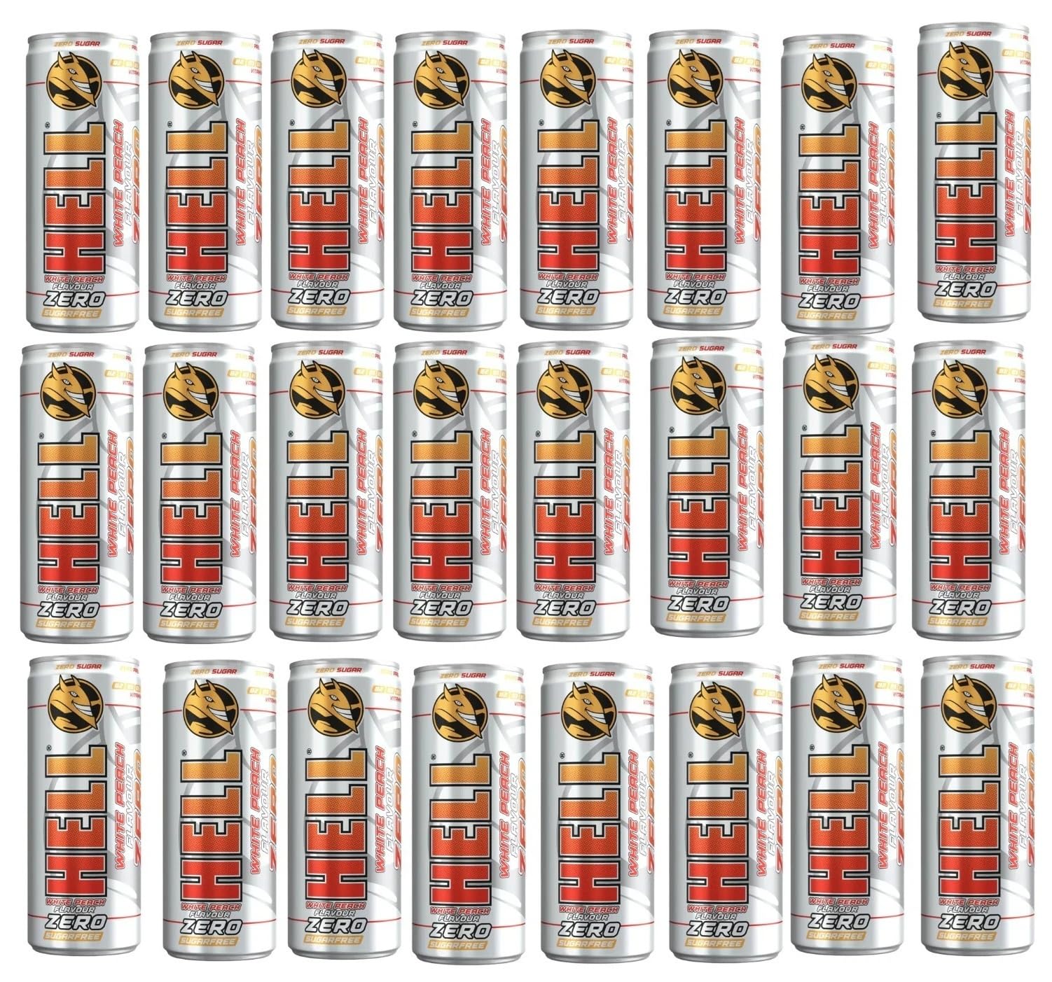 (PACK OF 24) HELL ZERO Energy Drink White Peach Flavoured | Vitamins B2, B3, B6, B12 | No Preservatives | 24 x 250 ml | ZERO SUGAR