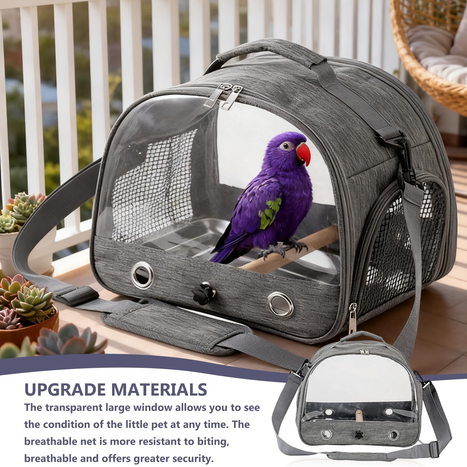 Borsa per uccelli con asta e vassoio in acciaio inox, per il trasporto di uccelli, traspirante, portatile, per pappagallini, piccoli animali, Bird Transport Box (grigio)